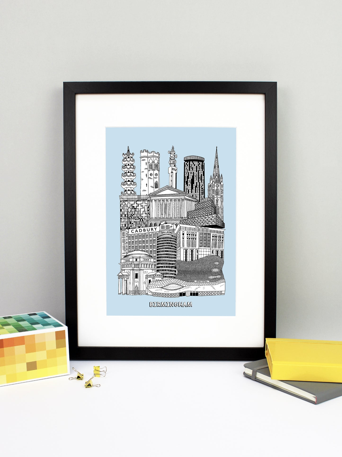 Beautifully detailed Birmingham illustration print. The perfect gift for an engagement, wedding, birthday, anniversary and house warming. It features all the well known buildings and landmarks from the vibrant UK city. The buildings and landmarks featured are: Birmingham New Street Station, Hall of Memory, Selfridges, Rotunda, The Mailbox, Cadbury Factory, Library of Birmingham, Birmingham Town Hall, The Cube, Perrott's Folley, Chinese Pagoda at Holloway Circus, 10 Holloway Circus, BT Tower and St Martin's