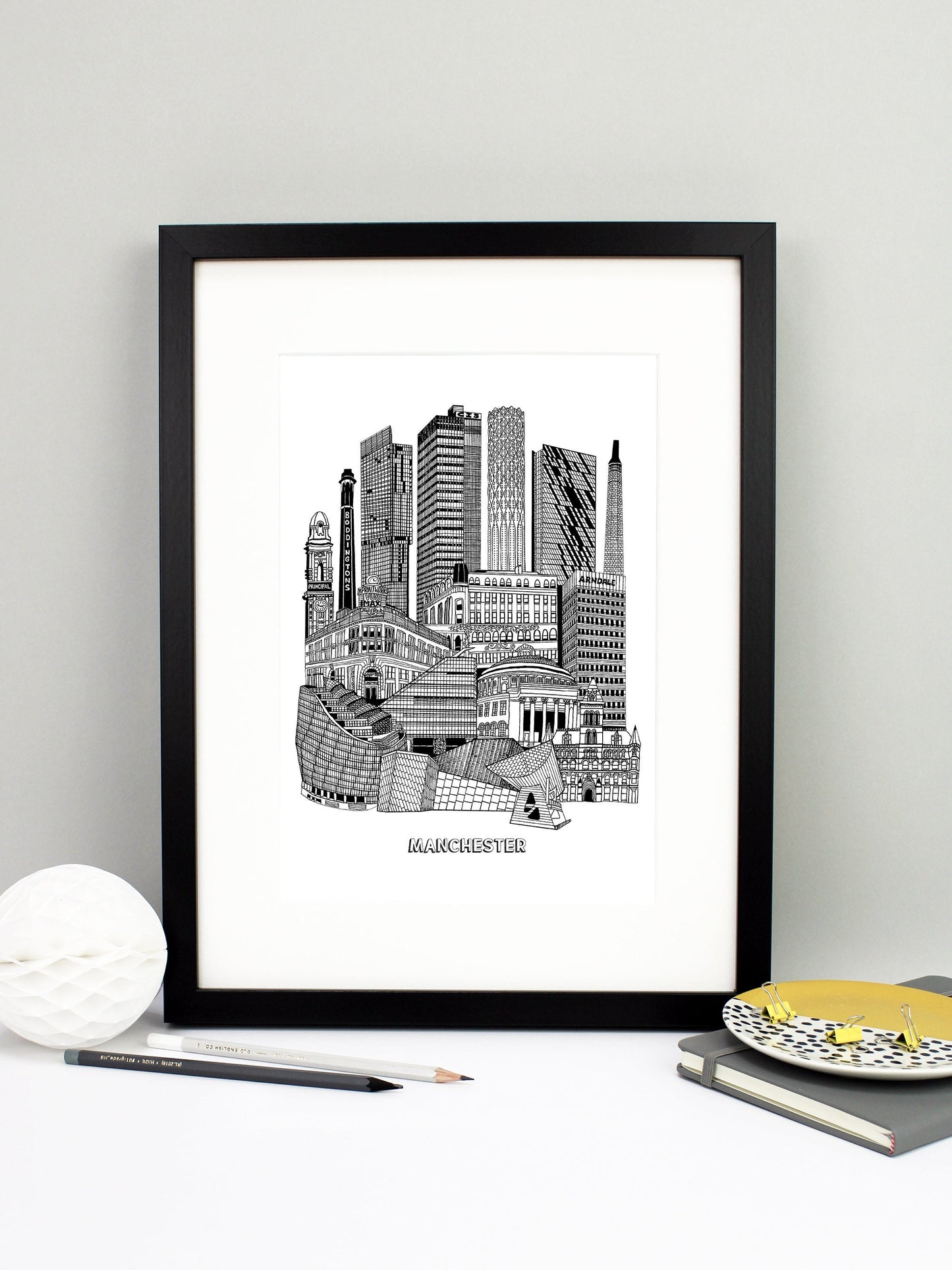 Beautifully detailed Manchester Illustration print. The perfect gift for an engagement, wedding, birthday, anniversary and house warming. It features all the well known buildings and landmarks from the vibrant UK city. The buildings and landmarks featured are: The Lowry, Angel Row, The Printworks, The Principal Hotel, Boddingtons Chimney, Beetham Tower, CIS Tower, Tower of Light, Axis Tower, Macintosh Factory Chimney, Afflecks Palace, Arndale Centre, The Urbis, Manchester Central Library and Manchester Town