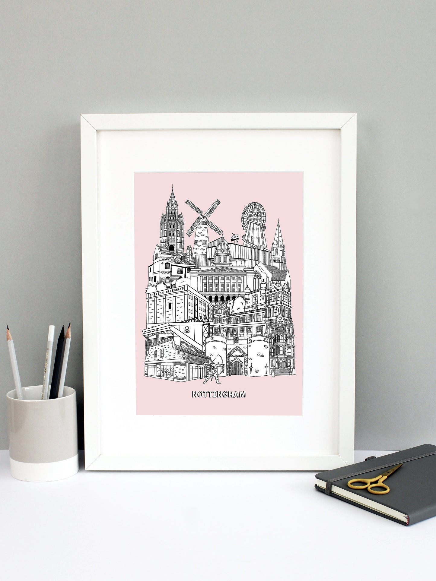 Beautifully detailed Nottingham Illustration print. The perfect gift for an engagement, wedding, birthday, anniversary and house warming. It features all the well known buildings and landmarks from the vibrant UK city. The buildings and landmarks featured are: Nottingham Contemporary, Wollaton Hall, Nottingham Council House, Ye Olde Trip To Jerusalem, Nottingham Castle, British Waterways, The Pitcher and Piano, Green's Windmill, The Adams Building, The Alchemist, City Ground, Sneinton Market, Green's Windmi