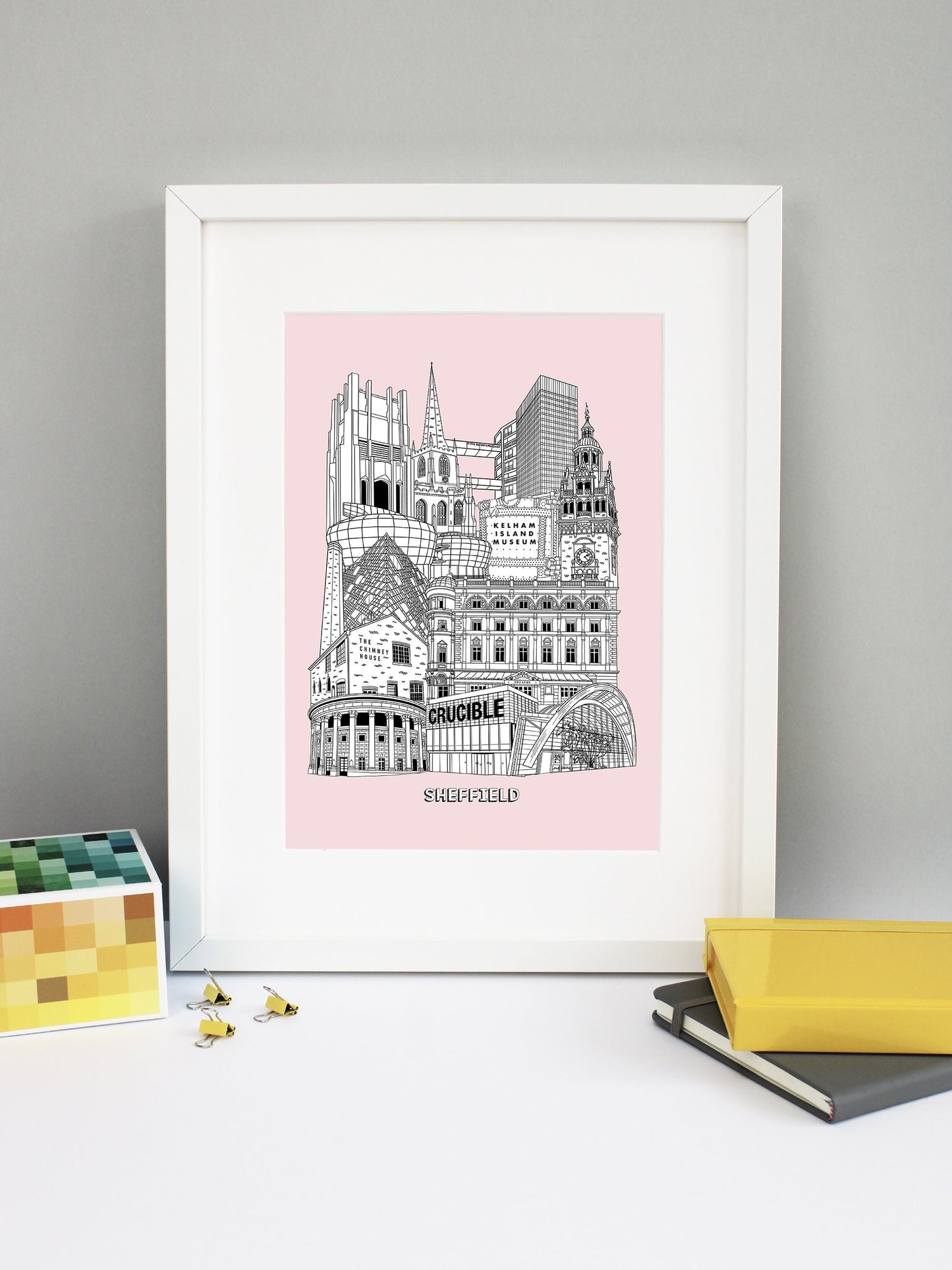 Beautifully detailed Sheffield Illustration print. The perfect gift for an engagement, wedding, birthday, anniversary and house warming. It features all the well known buildings and landmarks from the vibrant UK city. The buildings featured are: City Hall, The Crucible, The Winter Gardens, The Lyceum Theatre, The Chimney House, The Diamond Building, The Hubs, Kelham Island Museum steel ladle, Town Hall Clock Tower, The Arts Tower, Park Hill Flats, Sheffield Cathedral.