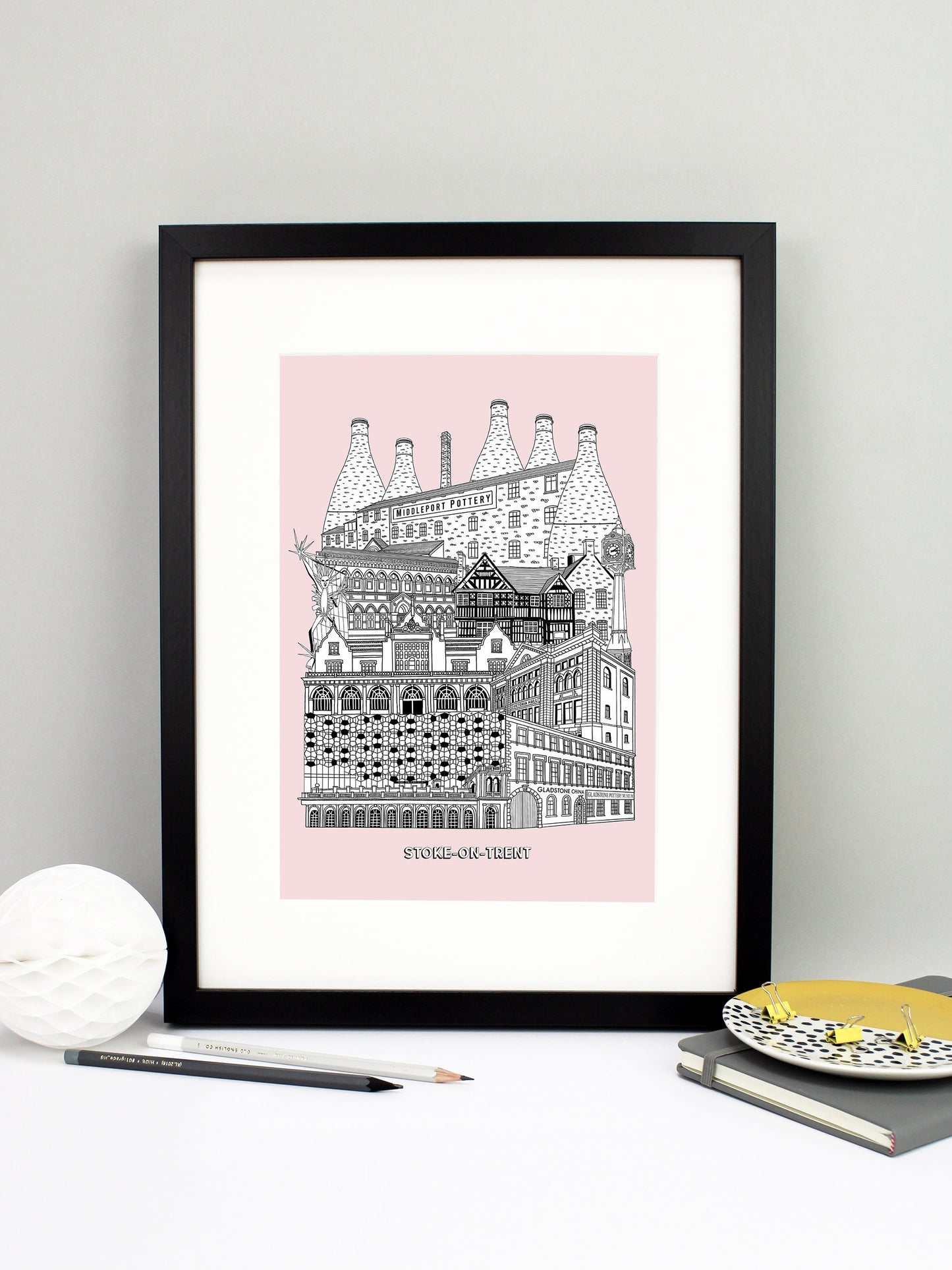 Beautifully detailed Stoke-on-Trent illustration print. The perfect gift for an engagement, wedding, birthday, anniversary and house warming. It features all the well known buildings and landmarks from the UK city. The buildings and landmarks featured are: Trentham Estate, Gladstone Pottery Museum, One Smithfield in Hanley, Stoke Train Station, Victoria Hall in Hanley, Blue Clock in Hanley, Ford Green Hall, Wedgwood Institute in Burslem, The Man of Fire (aka the Spiky Man or Jack Frost!) and Middleport Pott