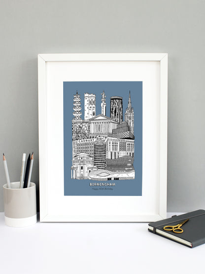Beautifully detailed Birmingham illustration print. The perfect gift for an engagement, wedding, birthday, anniversary and house warming. It features all the well known buildings and landmarks from the vibrant UK city. The buildings and landmarks featured are: Birmingham New Street Station, Hall of Memory, Selfridges, Rotunda, The Mailbox, Cadbury Factory, Library of Birmingham, Birmingham Town Hall, The Cube, Perrott's Folley, Chinese Pagoda at Holloway Circus, 10 Holloway Circus, BT Tower and St Martin's 