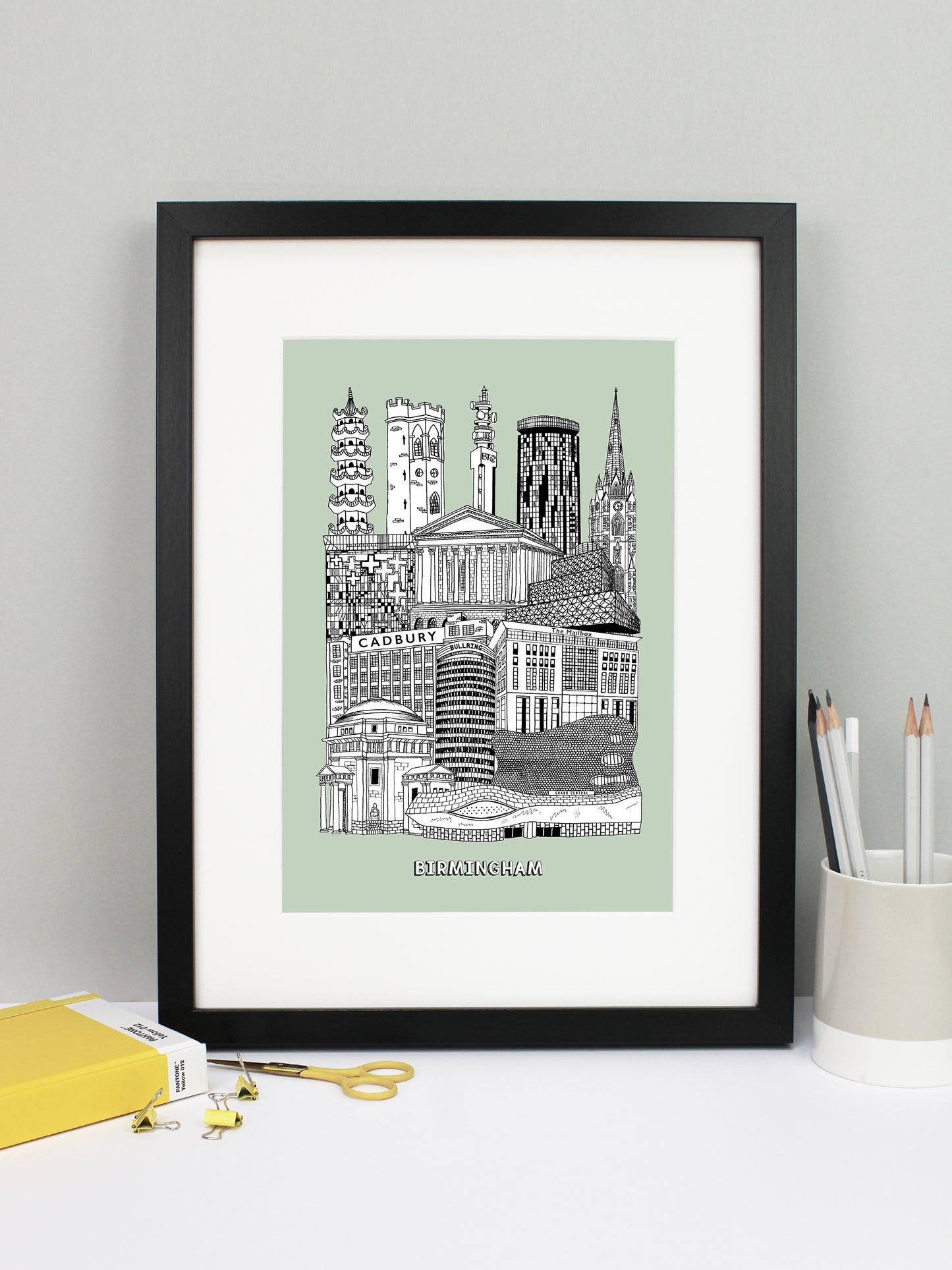 Beautifully detailed Birmingham illustration print. The perfect gift for an engagement, wedding, birthday, anniversary and house warming. It features all the well known buildings and landmarks from the vibrant UK city. The buildings and landmarks featured are: Birmingham New Street Station, Hall of Memory, Selfridges, Rotunda, The Mailbox, Cadbury Factory, Library of Birmingham, Birmingham Town Hall, The Cube, Perrott's Folley, Chinese Pagoda at Holloway Circus, 10 Holloway Circus, BT Tower and St Martin's 