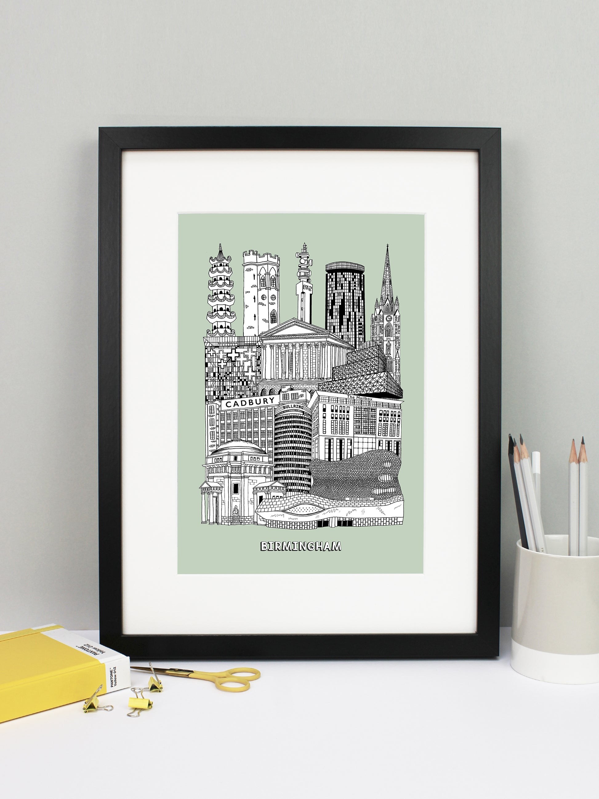 Beautifully detailed Birmingham illustration print. The perfect gift for an engagement, wedding, birthday, anniversary and house warming. It features all the well known buildings and landmarks from the vibrant UK city. The buildings and landmarks featured are: Birmingham New Street Station, Hall of Memory, Selfridges, Rotunda, The Mailbox, Cadbury Factory, Library of Birmingham, Birmingham Town Hall, The Cube, Perrott's Folley, Chinese Pagoda at Holloway Circus, 10 Holloway Circus, BT Tower and St Martin's 