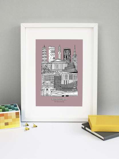 Beautifully detailed Birmingham illustration print. The perfect gift for an engagement, wedding, birthday, anniversary and house warming. It features all the well known buildings and landmarks from the vibrant UK city. The buildings and landmarks featured are: Birmingham New Street Station, Hall of Memory, Selfridges, Rotunda, The Mailbox, Cadbury Factory, Library of Birmingham, Birmingham Town Hall, The Cube, Perrott's Folley, Chinese Pagoda at Holloway Circus, 10 Holloway Circus, BT Tower and St Martin's 