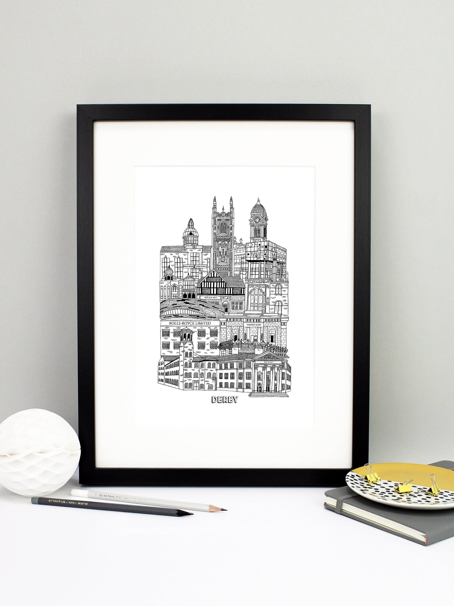 Beautifully detailed Derby illustration print. The perfect gift for an engagement, wedding, birthday, anniversary and house warming. It features all the well known buildings and landmarks from the vibrant UK city. The buildings and landmarks featured are: The Silk Mill, Derby Council House, Pride Park Stadium, Rolls Royce, Vernon Gate, Derby Velodrome, Guru Arjan Dev Gurdwara, The Old Silk Mill pub, Derby Jamia Mosque, The Quad, Royal Crown Derby, Derby Cathedral and the Guildhall.