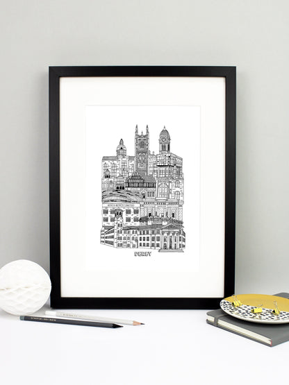 Beautifully detailed Derby illustration print. The perfect gift for an engagement, wedding, birthday, anniversary and house warming. It features all the well known buildings and landmarks from the vibrant UK city. The buildings and landmarks featured are: The Silk Mill, Derby Council House, Pride Park Stadium, Rolls Royce, Vernon Gate, Derby Velodrome, Guru Arjan Dev Gurdwara, The Old Silk Mill pub, Derby Jamia Mosque, The Quad, Royal Crown Derby, Derby Cathedral and the Guildhall.