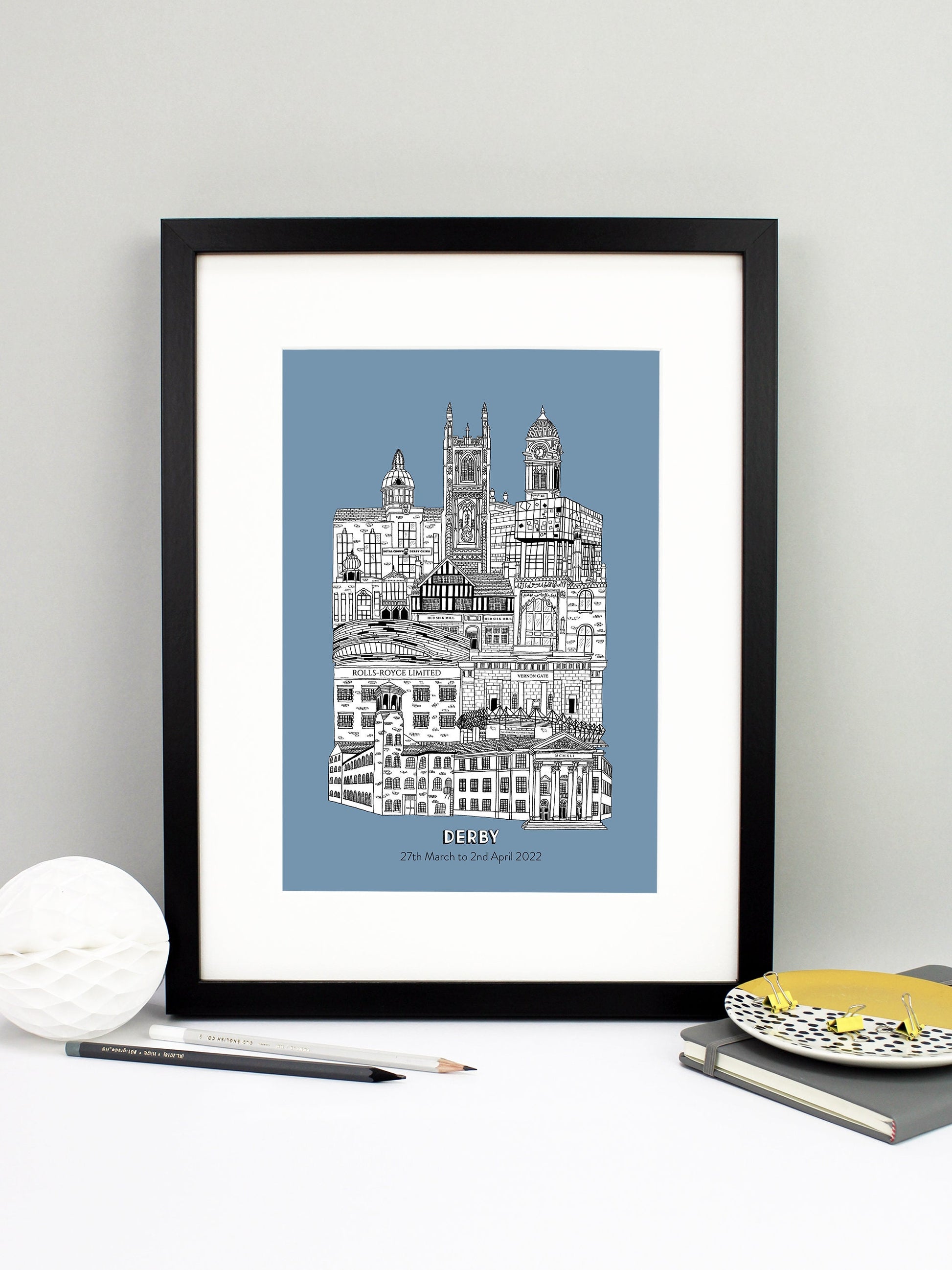 Beautifully detailed Derby illustration print. The perfect gift for an engagement, wedding, birthday, anniversary and house warming. It features all the well known buildings and landmarks from the vibrant UK city. The buildings and landmarks featured are: The Silk Mill, Derby Council House, Pride Park Stadium, Rolls Royce, Vernon Gate, Derby Velodrome, Guru Arjan Dev Gurdwara, The Old Silk Mill pub, Derby Jamia Mosque, The Quad, Royal Crown Derby, Derby Cathedral and the Guildhall.