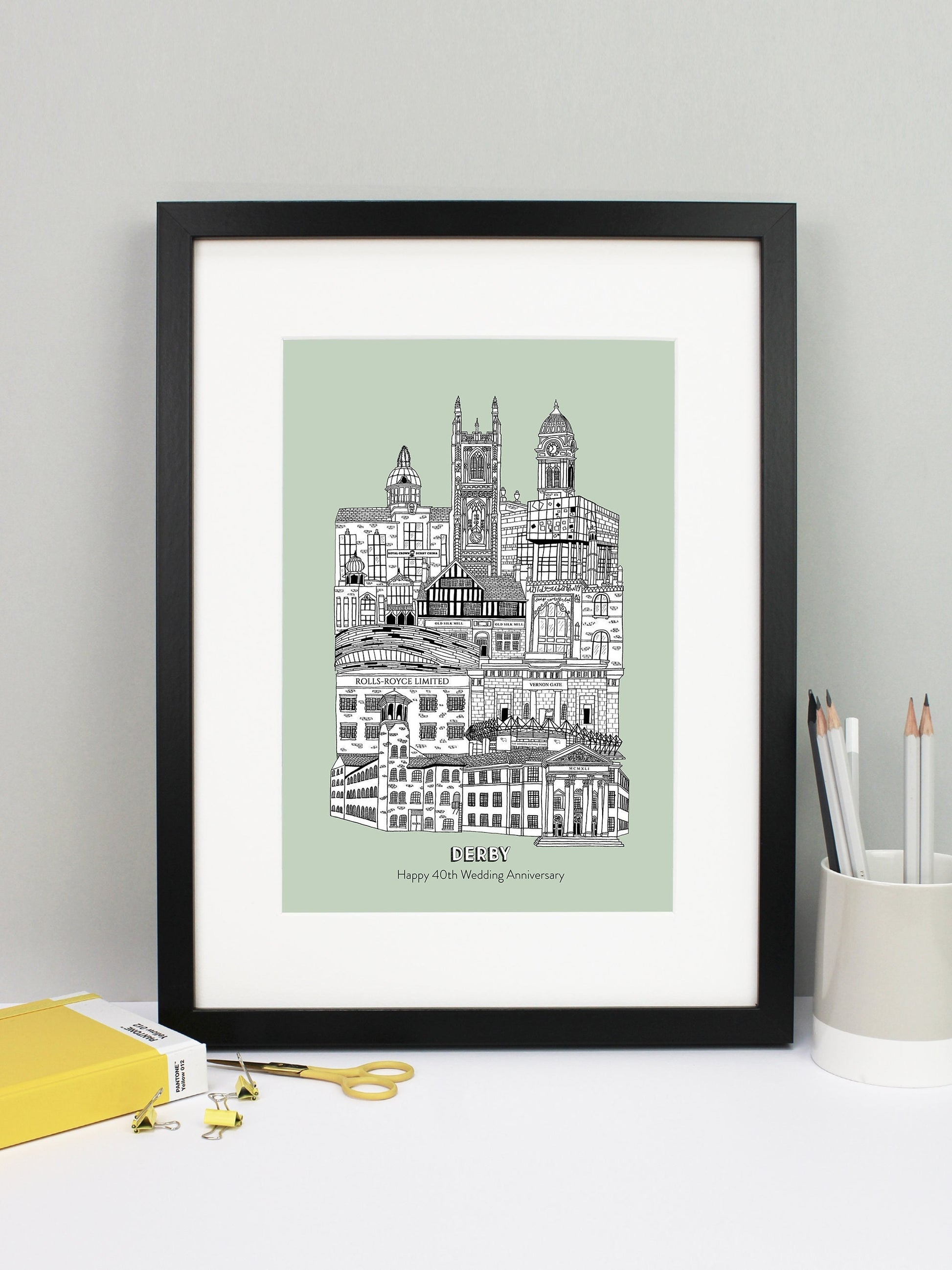 Beautifully detailed Derby illustration print. The perfect gift for an engagement, wedding, birthday, anniversary and house warming. It features all the well known buildings and landmarks from the vibrant UK city. The buildings and landmarks featured are: The Silk Mill, Derby Council House, Pride Park Stadium, Rolls Royce, Vernon Gate, Derby Velodrome, Guru Arjan Dev Gurdwara, The Old Silk Mill pub, Derby Jamia Mosque, The Quad, Royal Crown Derby, Derby Cathedral and the Guildhall.
