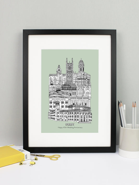 Beautifully detailed Derby illustration print. The perfect gift for an engagement, wedding, birthday, anniversary and house warming. It features all the well known buildings and landmarks from the vibrant UK city. The buildings and landmarks featured are: The Silk Mill, Derby Council House, Pride Park Stadium, Rolls Royce, Vernon Gate, Derby Velodrome, Guru Arjan Dev Gurdwara, The Old Silk Mill pub, Derby Jamia Mosque, The Quad, Royal Crown Derby, Derby Cathedral and the Guildhall.