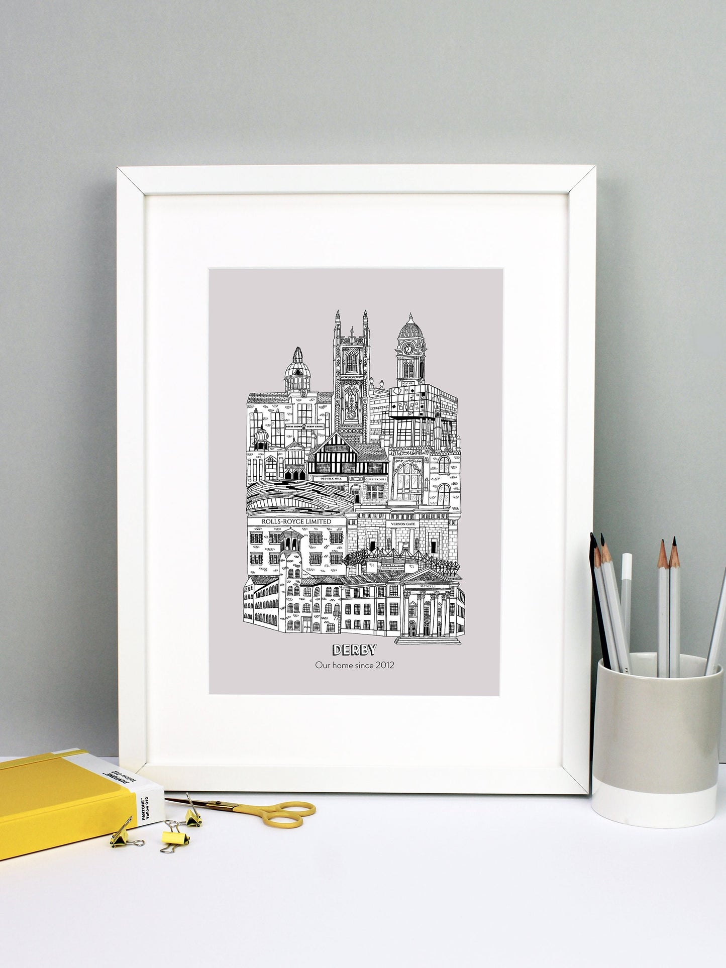 Beautifully detailed Derby illustration print. The perfect gift for an engagement, wedding, birthday, anniversary and house warming. It features all the well known buildings and landmarks from the vibrant UK city. The buildings and landmarks featured are: The Silk Mill, Derby Council House, Pride Park Stadium, Rolls Royce, Vernon Gate, Derby Velodrome, Guru Arjan Dev Gurdwara, The Old Silk Mill pub, Derby Jamia Mosque, The Quad, Royal Crown Derby, Derby Cathedral and the Guildhall.