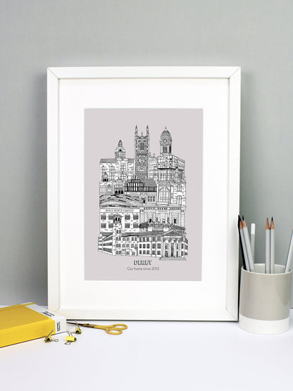 Beautifully detailed Derby illustration print. The perfect gift for an engagement, wedding, birthday, anniversary and house warming. It features all the well known buildings and landmarks from the vibrant UK city. The buildings and landmarks featured are: The Silk Mill, Derby Council House, Pride Park Stadium, Rolls Royce, Vernon Gate, Derby Velodrome, Guru Arjan Dev Gurdwara, The Old Silk Mill pub, Derby Jamia Mosque, The Quad, Royal Crown Derby, Derby Cathedral and the Guildhall.
