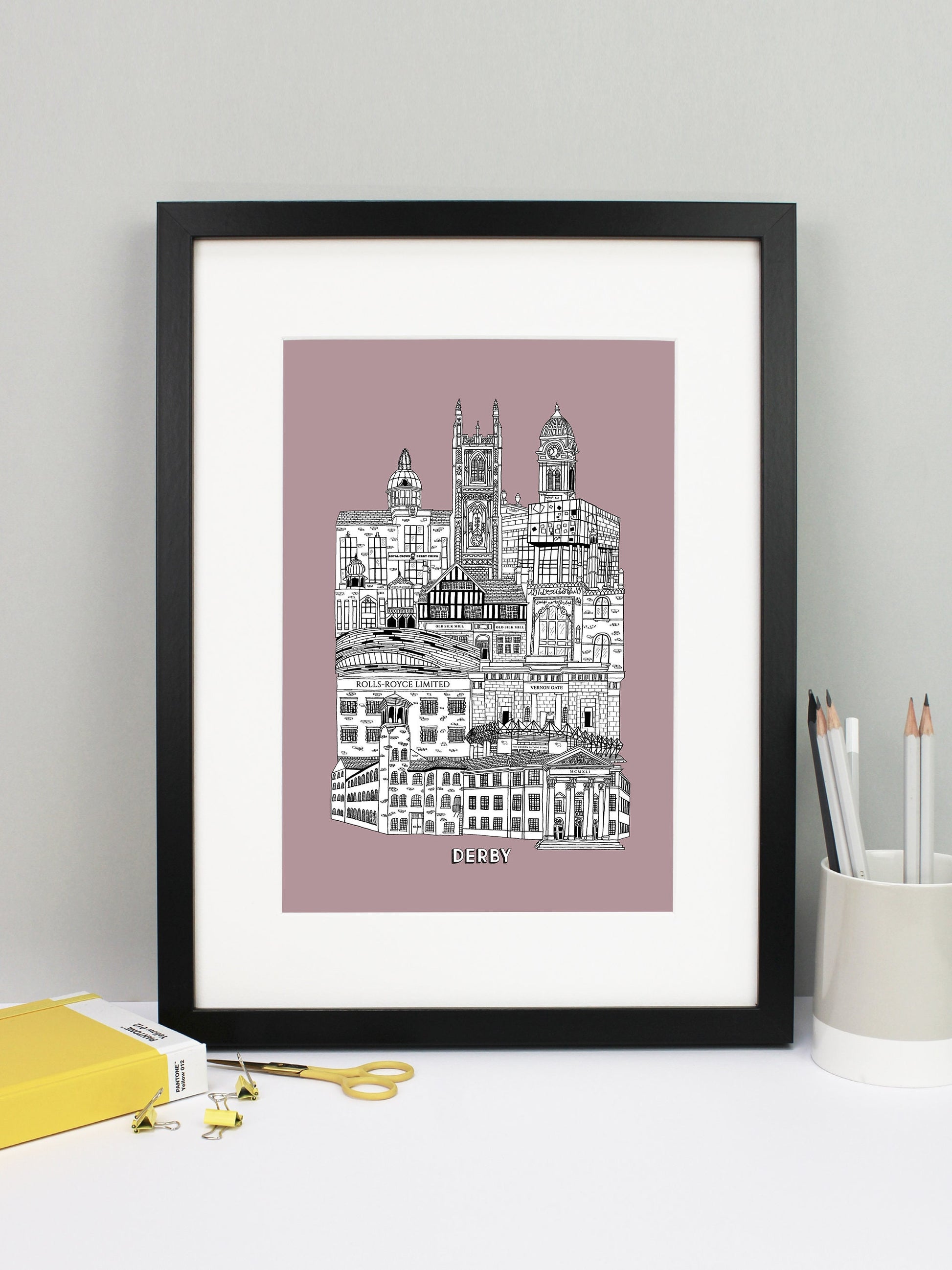 Beautifully detailed Derby illustration print. The perfect gift for an engagement, wedding, birthday, anniversary and house warming. It features all the well known buildings and landmarks from the vibrant UK city. The buildings and landmarks featured are: The Silk Mill, Derby Council House, Pride Park Stadium, Rolls Royce, Vernon Gate, Derby Velodrome, Guru Arjan Dev Gurdwara, The Old Silk Mill pub, Derby Jamia Mosque, The Quad, Royal Crown Derby, Derby Cathedral and the Guildhall.