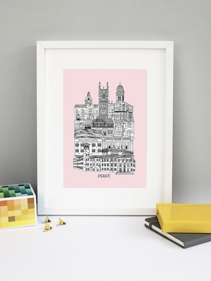 Beautifully detailed Derby illustration print. The perfect gift for an engagement, wedding, birthday, anniversary and house warming. It features all the well known buildings and landmarks from the vibrant UK city. The buildings and landmarks featured are: The Silk Mill, Derby Council House, Pride Park Stadium, Rolls Royce, Vernon Gate, Derby Velodrome, Guru Arjan Dev Gurdwara, The Old Silk Mill pub, Derby Jamia Mosque, The Quad, Royal Crown Derby, Derby Cathedral and the Guildhall.