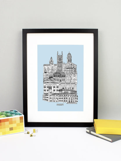 Beautifully detailed Derby illustration print. The perfect gift for an engagement, wedding, birthday, anniversary and house warming. It features all the well known buildings and landmarks from the vibrant UK city. The buildings and landmarks featured are: The Silk Mill, Derby Council House, Pride Park Stadium, Rolls Royce, Vernon Gate, Derby Velodrome, Guru Arjan Dev Gurdwara, The Old Silk Mill pub, Derby Jamia Mosque, The Quad, Royal Crown Derby, Derby Cathedral and the Guildhall.