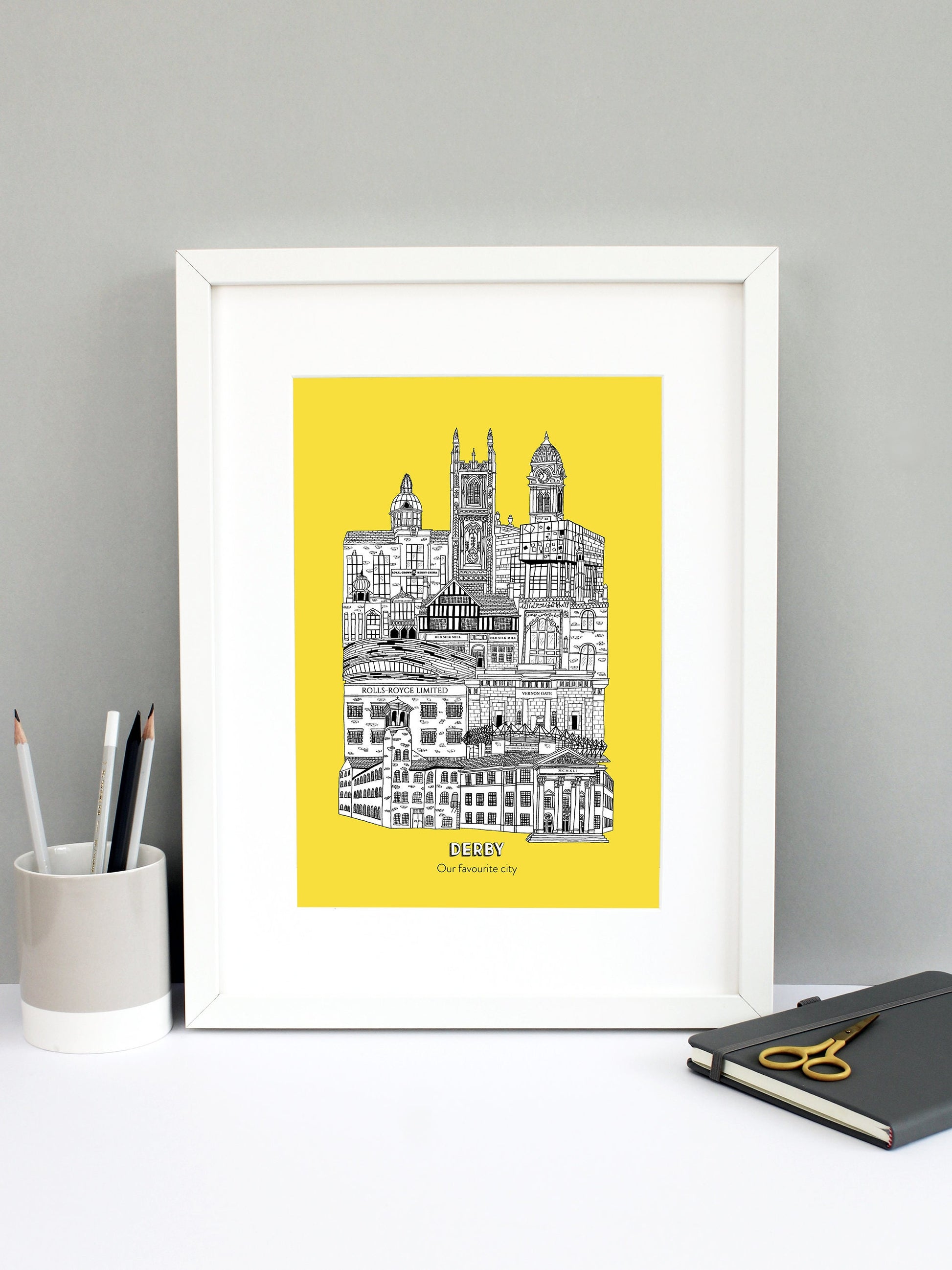 Beautifully detailed Derby illustration print. The perfect gift for an engagement, wedding, birthday, anniversary and house warming. It features all the well known buildings and landmarks from the vibrant UK city. The buildings and landmarks featured are: The Silk Mill, Derby Council House, Pride Park Stadium, Rolls Royce, Vernon Gate, Derby Velodrome, Guru Arjan Dev Gurdwara, The Old Silk Mill pub, Derby Jamia Mosque, The Quad, Royal Crown Derby, Derby Cathedral and the Guildhall.