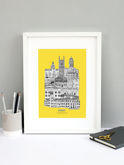Beautifully detailed Derby illustration print. The perfect gift for an engagement, wedding, birthday, anniversary and house warming. It features all the well known buildings and landmarks from the vibrant UK city. The buildings and landmarks featured are: The Silk Mill, Derby Council House, Pride Park Stadium, Rolls Royce, Vernon Gate, Derby Velodrome, Guru Arjan Dev Gurdwara, The Old Silk Mill pub, Derby Jamia Mosque, The Quad, Royal Crown Derby, Derby Cathedral and the Guildhall.