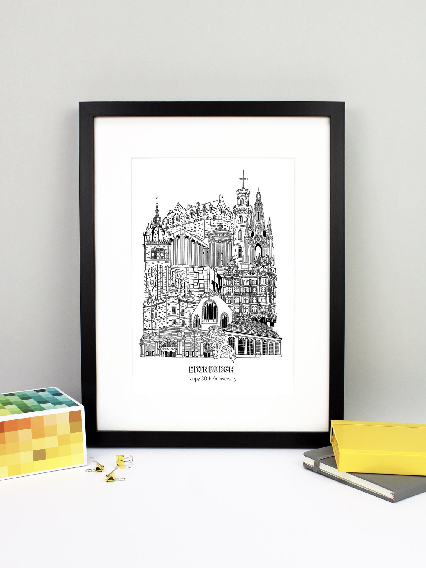 Beautifully detailed Edinburgh Illustration print. The perfect gift for an engagement, wedding, birthday, anniversary and house warming. It features all the well known buildings and landmarks from the historic city. The buildings featured are: The Usher Hall, Greyfriars Bobby, Royal Botanic Garden, Jenners, Greyfriars Kirk, Palace of Holyroodhouse, Scottish Parliament, St Giles' Cathedral tower, National Monument of Scotland, Calton Hill, Nelson Monument, Scott Monument and Edinburgh Castle.
