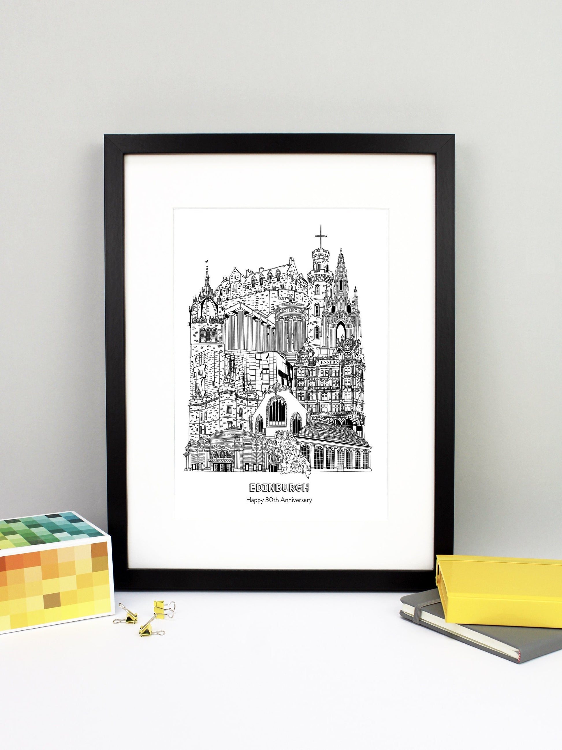 Beautifully detailed Edinburgh Illustration print. The perfect gift for an engagement, wedding, birthday, anniversary and house warming. It features all the well known buildings and landmarks from the historic city. The buildings featured are: The Usher Hall, Greyfriars Bobby, Royal Botanic Garden, Jenners, Greyfriars Kirk, Palace of Holyroodhouse, Scottish Parliament, St Giles' Cathedral tower, National Monument of Scotland, Calton Hill, Nelson Monument, Scott Monument and Edinburgh Castle.
