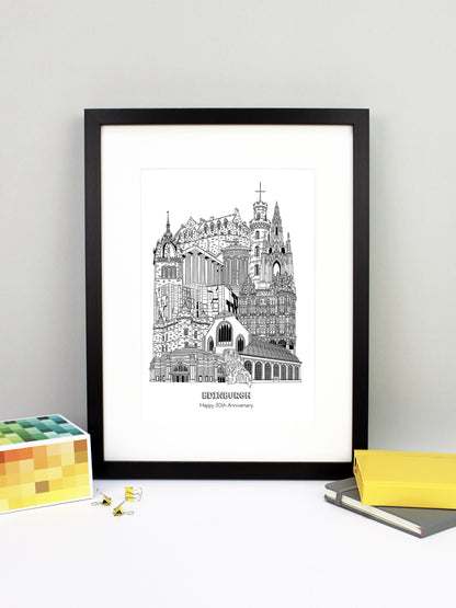 Beautifully detailed Edinburgh Illustration print. The perfect gift for an engagement, wedding, birthday, anniversary and house warming. It features all the well known buildings and landmarks from the historic city. The buildings featured are: The Usher Hall, Greyfriars Bobby, Royal Botanic Garden, Jenners, Greyfriars Kirk, Palace of Holyroodhouse, Scottish Parliament, St Giles' Cathedral tower, National Monument of Scotland, Calton Hill, Nelson Monument, Scott Monument and Edinburgh Castle.
