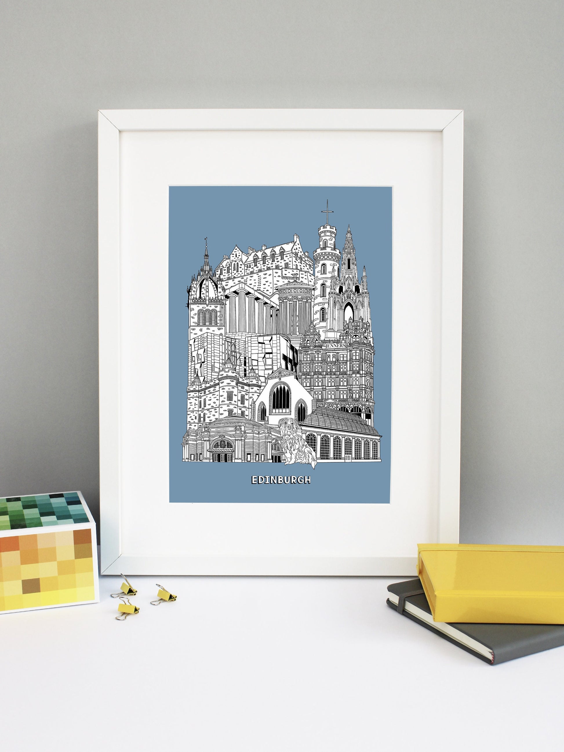 Beautifully detailed Edinburgh Illustration print. The perfect gift for an engagement, wedding, birthday, anniversary and house warming. It features all the well known buildings and landmarks from the historic city. The buildings featured are: The Usher Hall, Greyfriars Bobby, Royal Botanic Garden, Jenners, Greyfriars Kirk, Palace of Holyroodhouse, Scottish Parliament, St Giles' Cathedral tower, National Monument of Scotland, Calton Hill, Nelson Monument, Scott Monument and Edinburgh Castle.