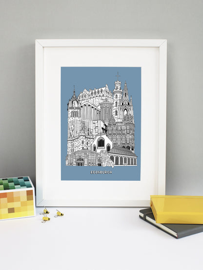 Beautifully detailed Edinburgh Illustration print. The perfect gift for an engagement, wedding, birthday, anniversary and house warming. It features all the well known buildings and landmarks from the historic city. The buildings featured are: The Usher Hall, Greyfriars Bobby, Royal Botanic Garden, Jenners, Greyfriars Kirk, Palace of Holyroodhouse, Scottish Parliament, St Giles' Cathedral tower, National Monument of Scotland, Calton Hill, Nelson Monument, Scott Monument and Edinburgh Castle.