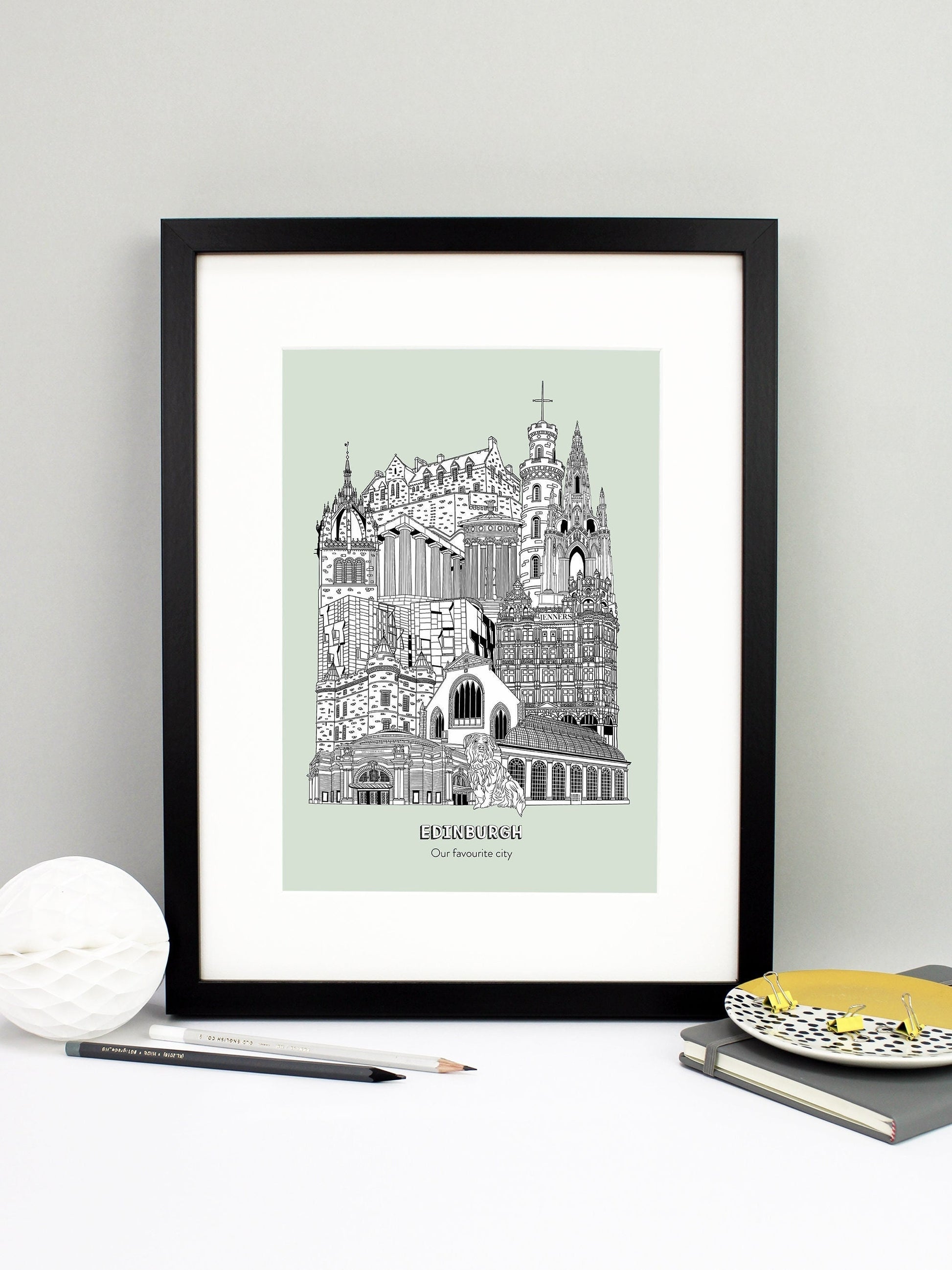 Beautifully detailed Edinburgh Illustration print. The perfect gift for an engagement, wedding, birthday, anniversary and house warming. It features all the well known buildings and landmarks from the historic city. The buildings featured are: The Usher Hall, Greyfriars Bobby, Royal Botanic Garden, Jenners, Greyfriars Kirk, Palace of Holyroodhouse, Scottish Parliament, St Giles' Cathedral tower, National Monument of Scotland, Calton Hill, Nelson Monument, Scott Monument and Edinburgh Castle.
