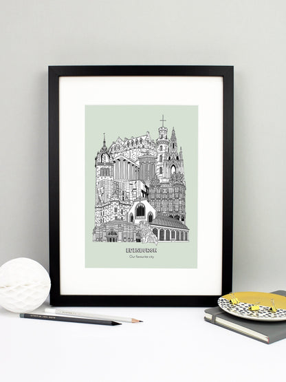 Beautifully detailed Edinburgh Illustration print. The perfect gift for an engagement, wedding, birthday, anniversary and house warming. It features all the well known buildings and landmarks from the historic city. The buildings featured are: The Usher Hall, Greyfriars Bobby, Royal Botanic Garden, Jenners, Greyfriars Kirk, Palace of Holyroodhouse, Scottish Parliament, St Giles' Cathedral tower, National Monument of Scotland, Calton Hill, Nelson Monument, Scott Monument and Edinburgh Castle.