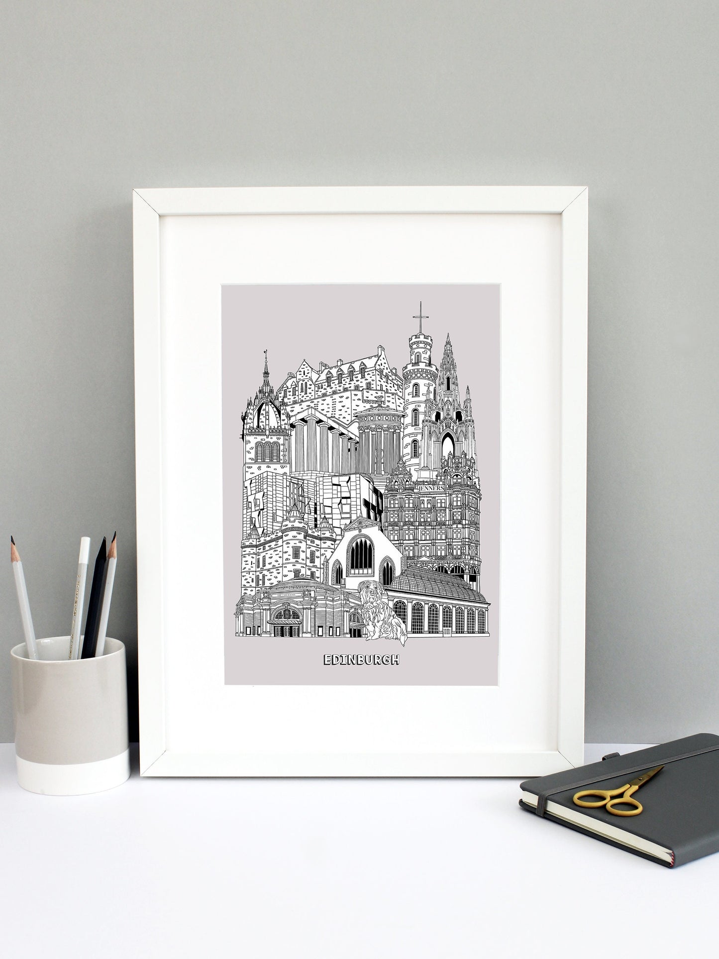 Beautifully detailed Edinburgh Illustration print. The perfect gift for an engagement, wedding, birthday, anniversary and house warming. It features all the well known buildings and landmarks from the historic city. The buildings featured are: The Usher Hall, Greyfriars Bobby, Royal Botanic Garden, Jenners, Greyfriars Kirk, Palace of Holyroodhouse, Scottish Parliament, St Giles' Cathedral tower, National Monument of Scotland, Calton Hill, Nelson Monument, Scott Monument and Edinburgh Castle.