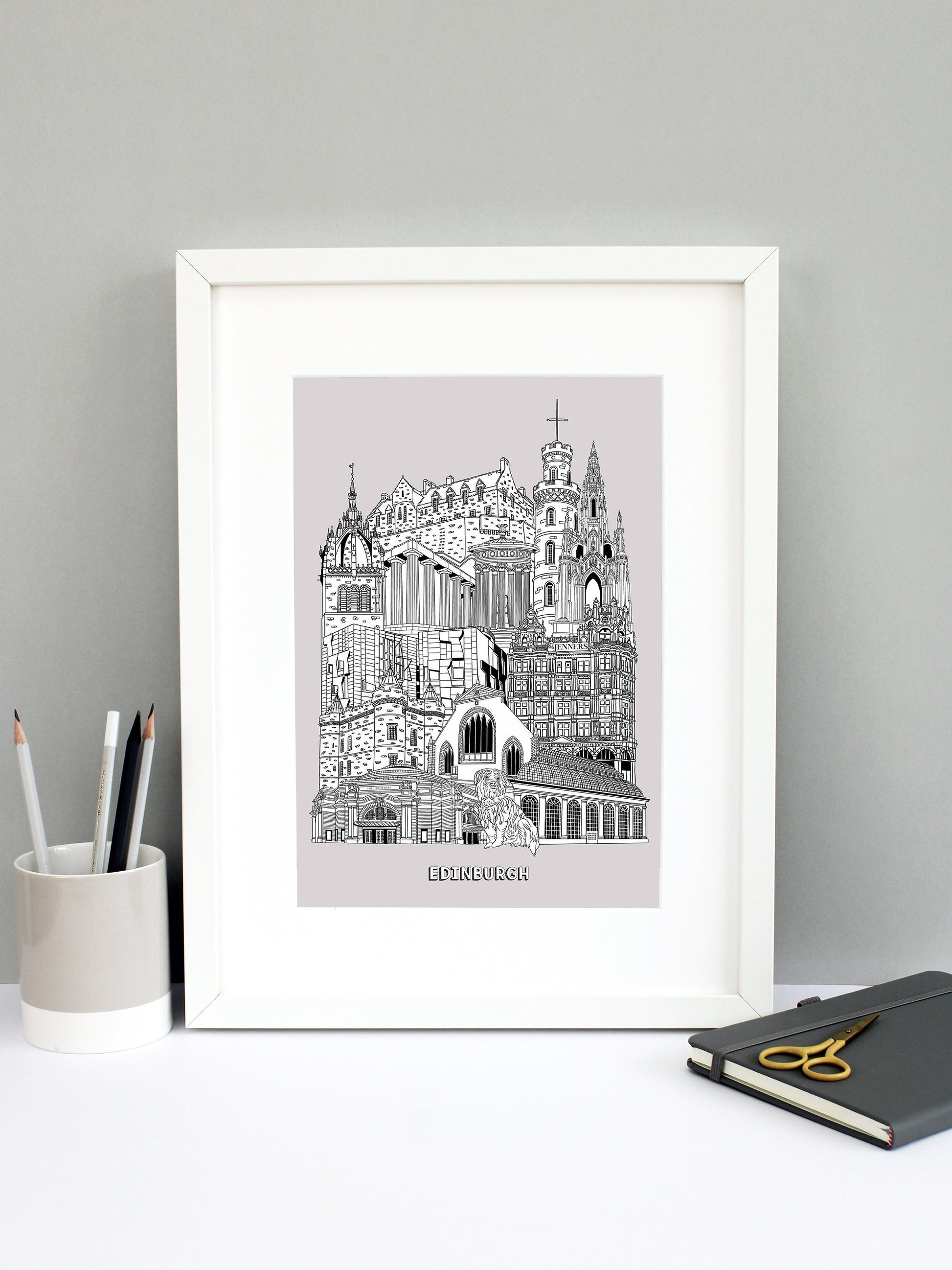 Beautifully detailed Edinburgh Illustration print. The perfect gift for an engagement, wedding, birthday, anniversary and house warming. It features all the well known buildings and landmarks from the historic city. The buildings featured are: The Usher Hall, Greyfriars Bobby, Royal Botanic Garden, Jenners, Greyfriars Kirk, Palace of Holyroodhouse, Scottish Parliament, St Giles' Cathedral tower, National Monument of Scotland, Calton Hill, Nelson Monument, Scott Monument and Edinburgh Castle.