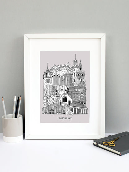 Beautifully detailed Edinburgh Illustration print. The perfect gift for an engagement, wedding, birthday, anniversary and house warming. It features all the well known buildings and landmarks from the historic city. The buildings featured are: The Usher Hall, Greyfriars Bobby, Royal Botanic Garden, Jenners, Greyfriars Kirk, Palace of Holyroodhouse, Scottish Parliament, St Giles' Cathedral tower, National Monument of Scotland, Calton Hill, Nelson Monument, Scott Monument and Edinburgh Castle.