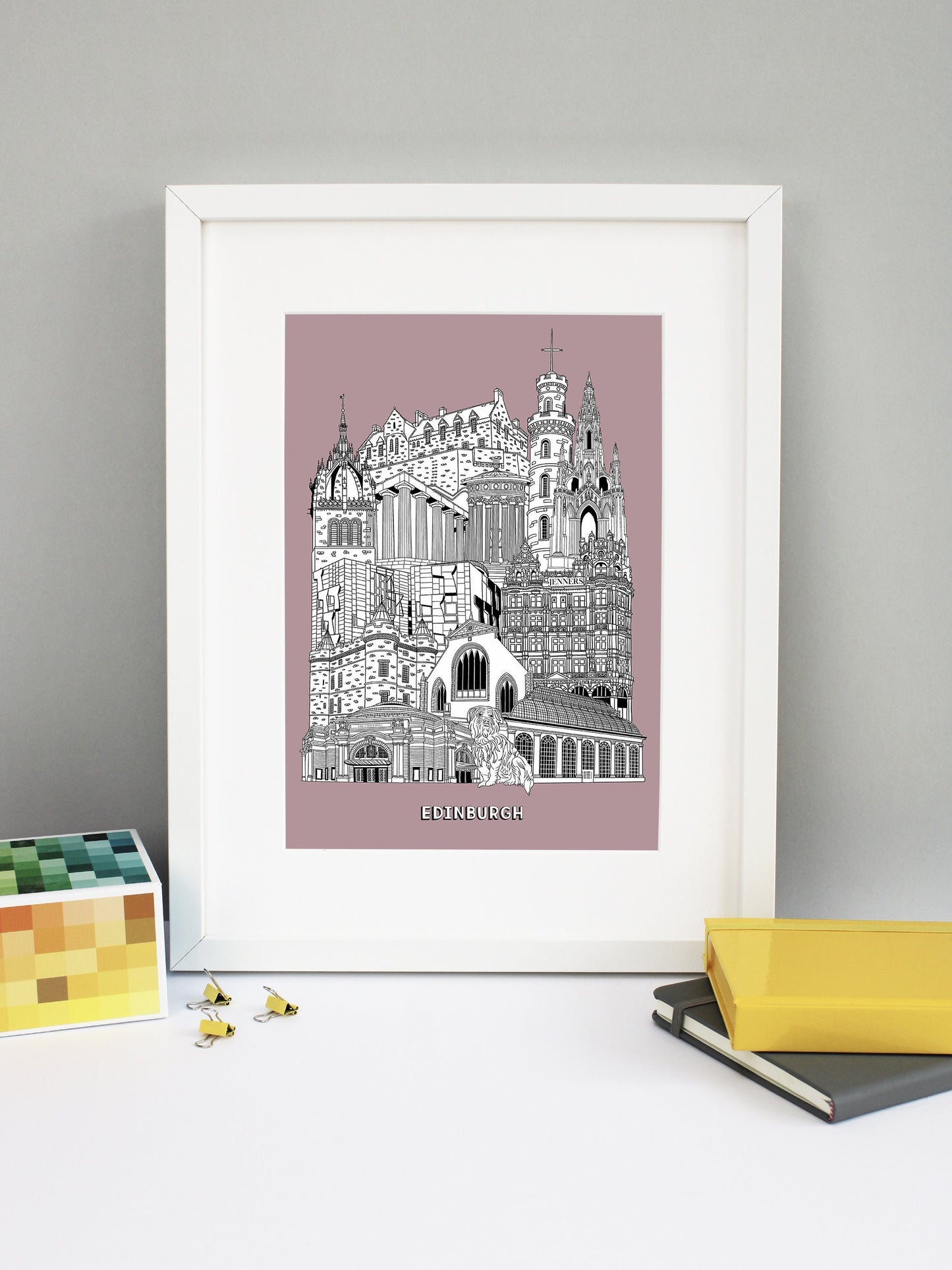 Beautifully detailed Edinburgh Illustration print. The perfect gift for an engagement, wedding, birthday, anniversary and house warming. It features all the well known buildings and landmarks from the historic city. The buildings featured are: The Usher Hall, Greyfriars Bobby, Royal Botanic Garden, Jenners, Greyfriars Kirk, Palace of Holyroodhouse, Scottish Parliament, St Giles' Cathedral tower, National Monument of Scotland, Calton Hill, Nelson Monument, Scott Monument and Edinburgh Castle.