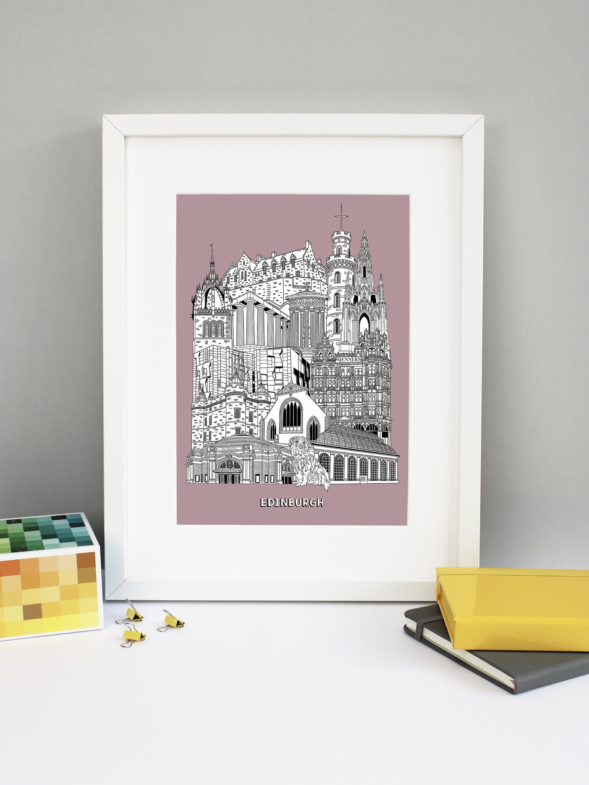 Beautifully detailed Edinburgh Illustration print. The perfect gift for an engagement, wedding, birthday, anniversary and house warming. It features all the well known buildings and landmarks from the historic city. The buildings featured are: The Usher Hall, Greyfriars Bobby, Royal Botanic Garden, Jenners, Greyfriars Kirk, Palace of Holyroodhouse, Scottish Parliament, St Giles' Cathedral tower, National Monument of Scotland, Calton Hill, Nelson Monument, Scott Monument and Edinburgh Castle.