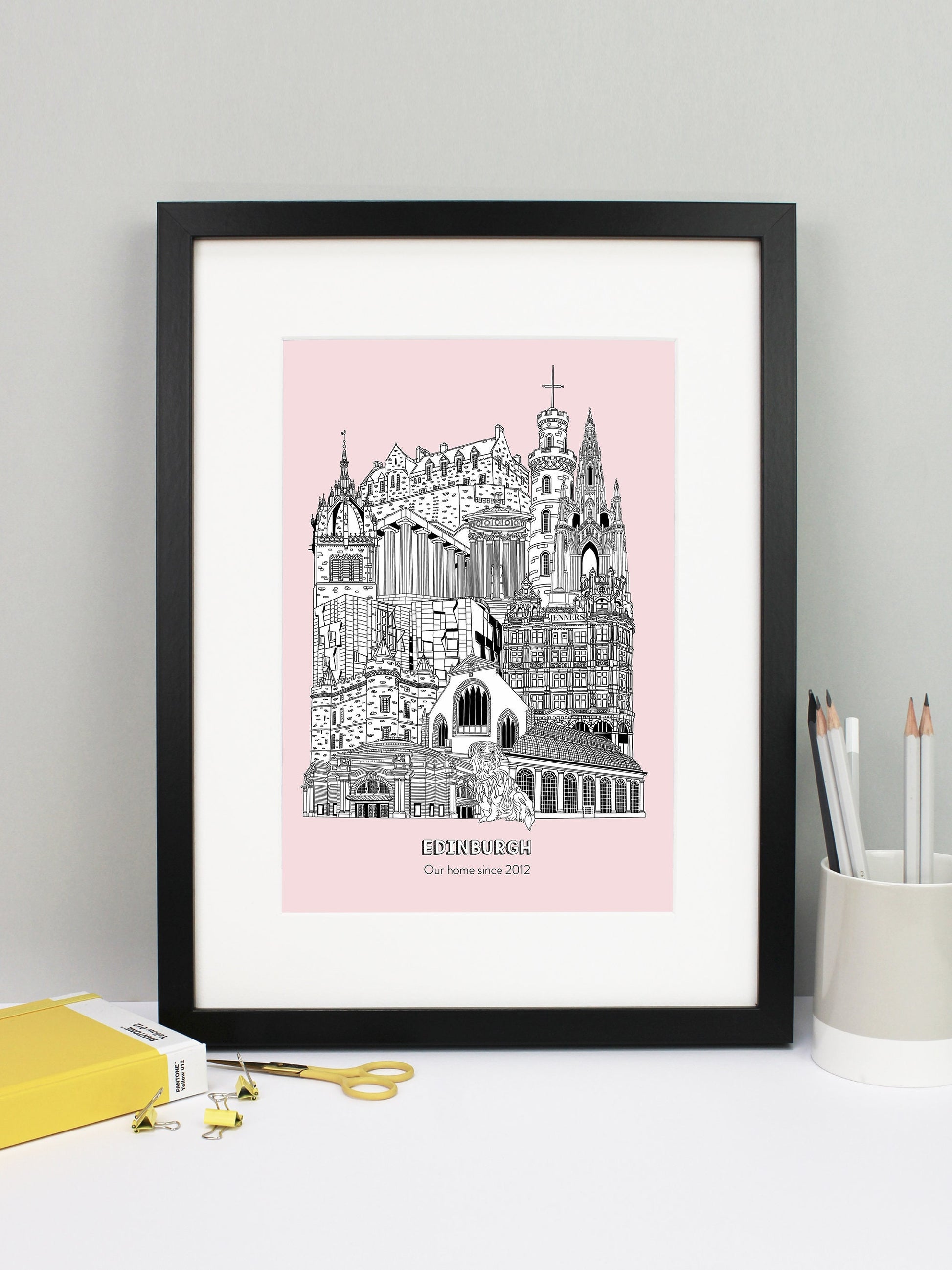 Beautifully detailed Edinburgh Illustration print. The perfect gift for an engagement, wedding, birthday, anniversary and house warming. It features all the well known buildings and landmarks from the historic city. The buildings featured are: The Usher Hall, Greyfriars Bobby, Royal Botanic Garden, Jenners, Greyfriars Kirk, Palace of Holyroodhouse, Scottish Parliament, St Giles' Cathedral tower, National Monument of Scotland, Calton Hill, Nelson Monument, Scott Monument and Edinburgh Castle.
