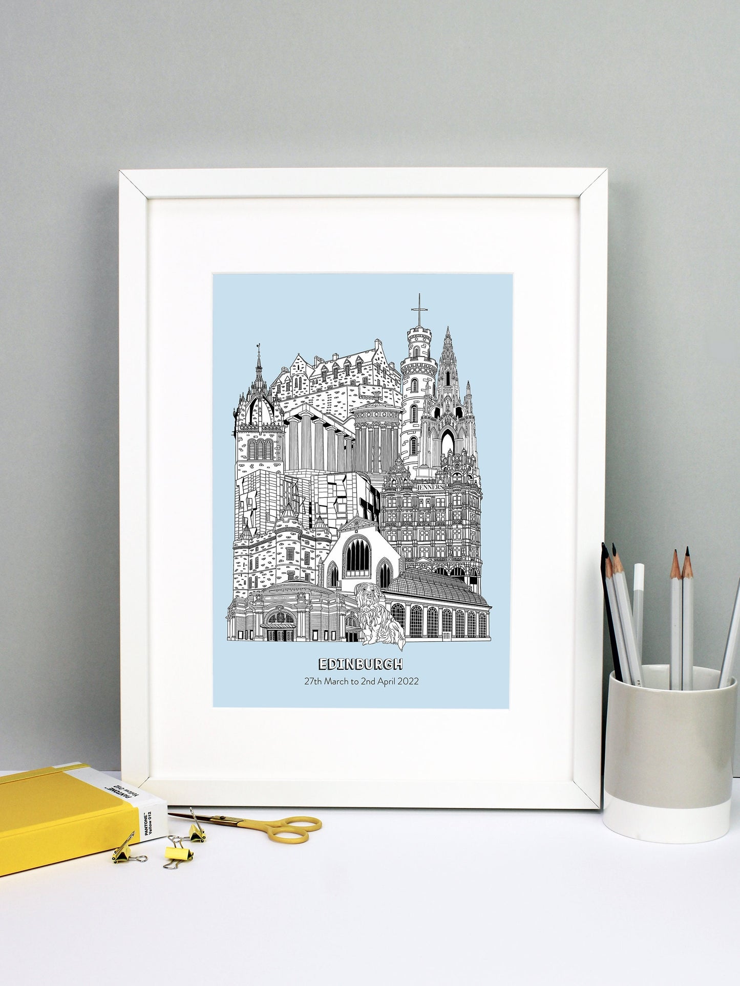 Beautifully detailed Edinburgh Illustration print. The perfect gift for an engagement, wedding, birthday, anniversary and house warming. It features all the well known buildings and landmarks from the historic city. The buildings featured are: The Usher Hall, Greyfriars Bobby, Royal Botanic Garden, Jenners, Greyfriars Kirk, Palace of Holyroodhouse, Scottish Parliament, St Giles' Cathedral tower, National Monument of Scotland, Calton Hill, Nelson Monument, Scott Monument and Edinburgh Castle.