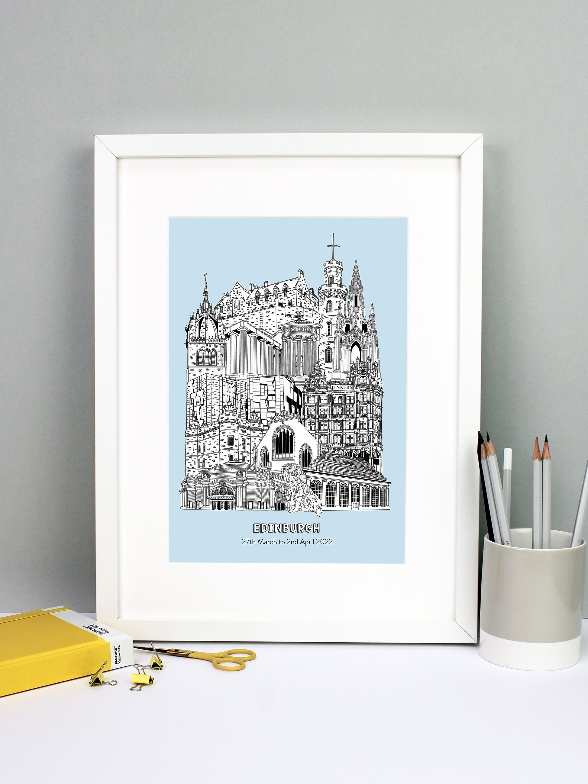 Beautifully detailed Edinburgh Illustration print. The perfect gift for an engagement, wedding, birthday, anniversary and house warming. It features all the well known buildings and landmarks from the historic city. The buildings featured are: The Usher Hall, Greyfriars Bobby, Royal Botanic Garden, Jenners, Greyfriars Kirk, Palace of Holyroodhouse, Scottish Parliament, St Giles' Cathedral tower, National Monument of Scotland, Calton Hill, Nelson Monument, Scott Monument and Edinburgh Castle.