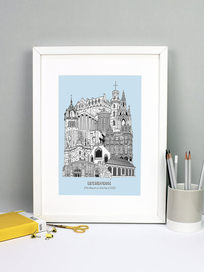 Beautifully detailed Edinburgh Illustration print. The perfect gift for an engagement, wedding, birthday, anniversary and house warming. It features all the well known buildings and landmarks from the historic city. The buildings featured are: The Usher Hall, Greyfriars Bobby, Royal Botanic Garden, Jenners, Greyfriars Kirk, Palace of Holyroodhouse, Scottish Parliament, St Giles' Cathedral tower, National Monument of Scotland, Calton Hill, Nelson Monument, Scott Monument and Edinburgh Castle.