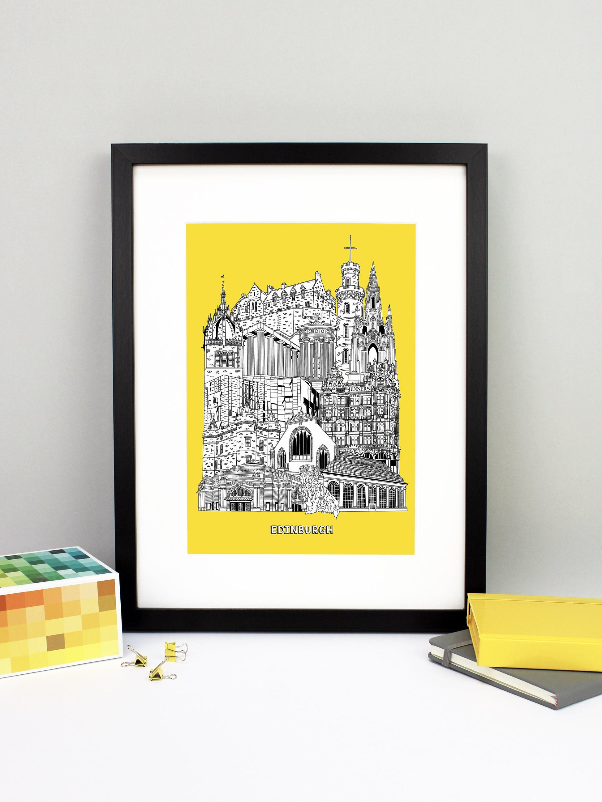 Beautifully detailed Edinburgh Illustration print. The perfect gift for an engagement, wedding, birthday, anniversary and house warming. It features all the well known buildings and landmarks from the historic city. The buildings featured are: The Usher Hall, Greyfriars Bobby, Royal Botanic Garden, Jenners, Greyfriars Kirk, Palace of Holyroodhouse, Scottish Parliament, St Giles' Cathedral tower, National Monument of Scotland, Calton Hill, Nelson Monument, Scott Monument and Edinburgh Castle.