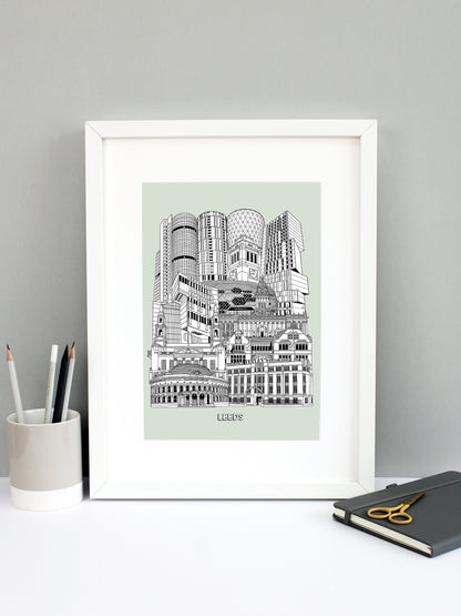 Beautifully detailed Leeds Illustration print. The perfect gift for an engagement, wedding, birthday, anniversary and house warming. It features all the well known buildings and landmarks from the vibrant UK city. The buildings and landmarks featured are: The Corn Exchange, The Tetley, Grand Arcade, Civic Hall, Roger Stevens Building, Town Hall, First Direct Arena, Broadcasting Tower, Rose Bowl at Leeds Metropolitan University, Parkinson Building clock tower, Candle House and Bridgewater Place.