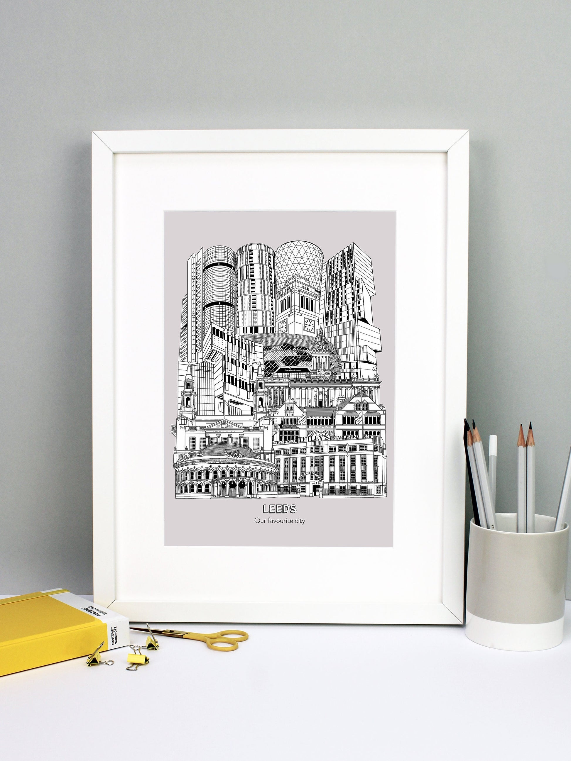 Beautifully detailed Leeds Illustration print. The perfect gift for an engagement, wedding, birthday, anniversary and house warming. It features all the well known buildings and landmarks from the vibrant UK city. The buildings and landmarks featured are: The Corn Exchange, The Tetley, Grand Arcade, Civic Hall, Roger Stevens Building, Town Hall, First Direct Arena, Broadcasting Tower, Rose Bowl at Leeds Metropolitan University, Parkinson Building clock tower, Candle House and Bridgewater Place.