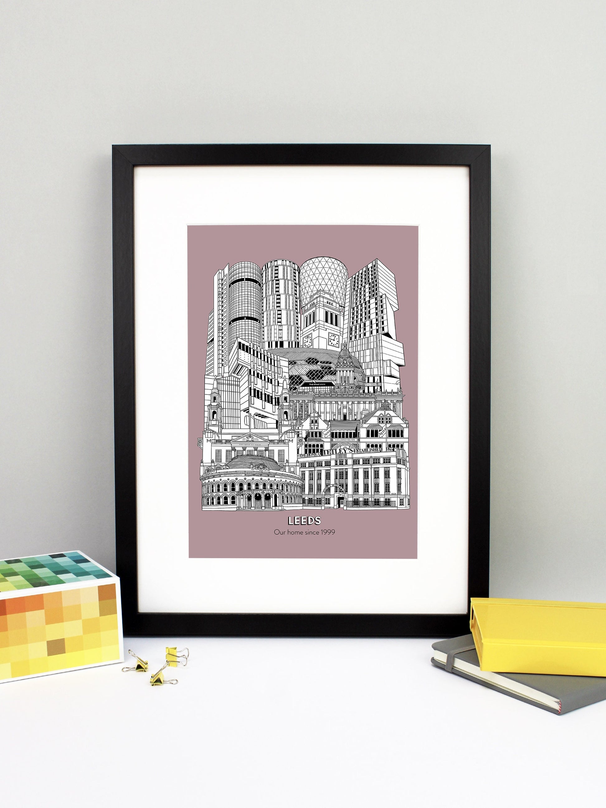 Beautifully detailed Leeds Illustration print. The perfect gift for an engagement, wedding, birthday, anniversary and house warming. It features all the well known buildings and landmarks from the vibrant UK city. The buildings and landmarks featured are: The Corn Exchange, The Tetley, Grand Arcade, Civic Hall, Roger Stevens Building, Town Hall, First Direct Arena, Broadcasting Tower, Rose Bowl at Leeds Metropolitan University, Parkinson Building clock tower, Candle House and Bridgewater Place.
