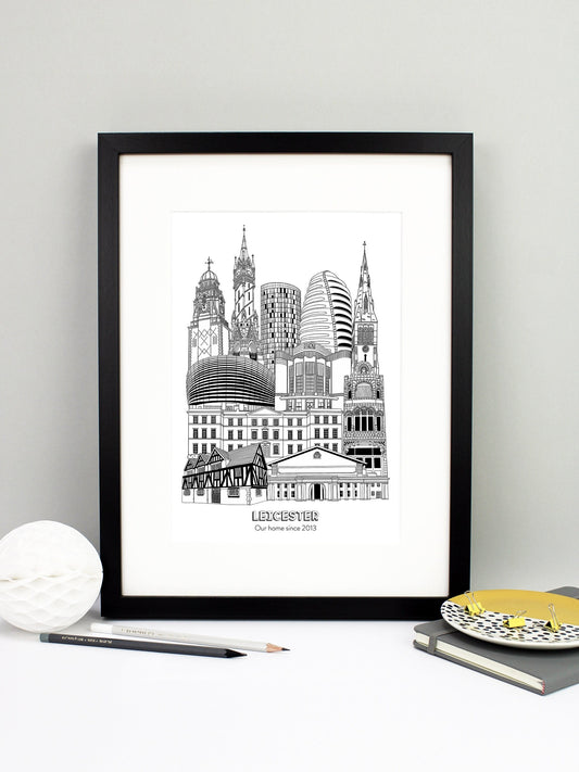 Beautifully detailed Leicester Illustration print. The perfect gift for an engagement, wedding, birthday, anniversary and house warming. It features all the well known buildings and landmarks from the vibrant UK city. The buildings and landmarks featured are: The Guildhall Museum, De Montfort Hall, the Turkey Cafe, University of Leicester, the Curve Theatre, Athena (originally the Odeon), Leicester Cathedral, National Space Centre, the Summit (aka the loo roll!), Haymarket Memorial Clock Tower and the Town 