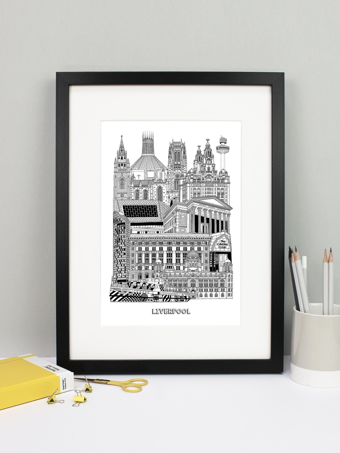 Beautifully detailed Liverpool Illustration print. The perfect gift for an engagement, wedding, birthday, anniversary and house warming. It features all the well known buildings and landmarks from the vibrant city. The buildings featured are: Port of Liverpool Building, the Cavern Club, Cunard Building, West Tower, Museum of Liverpool, St George's Hall, Liver Building, Radio City Tower, Liverpool Cathedral, Liverpool Metropolitan Cathedral, Liverpool Parish Church and the Razzle Dazzle Mersey Ferry.