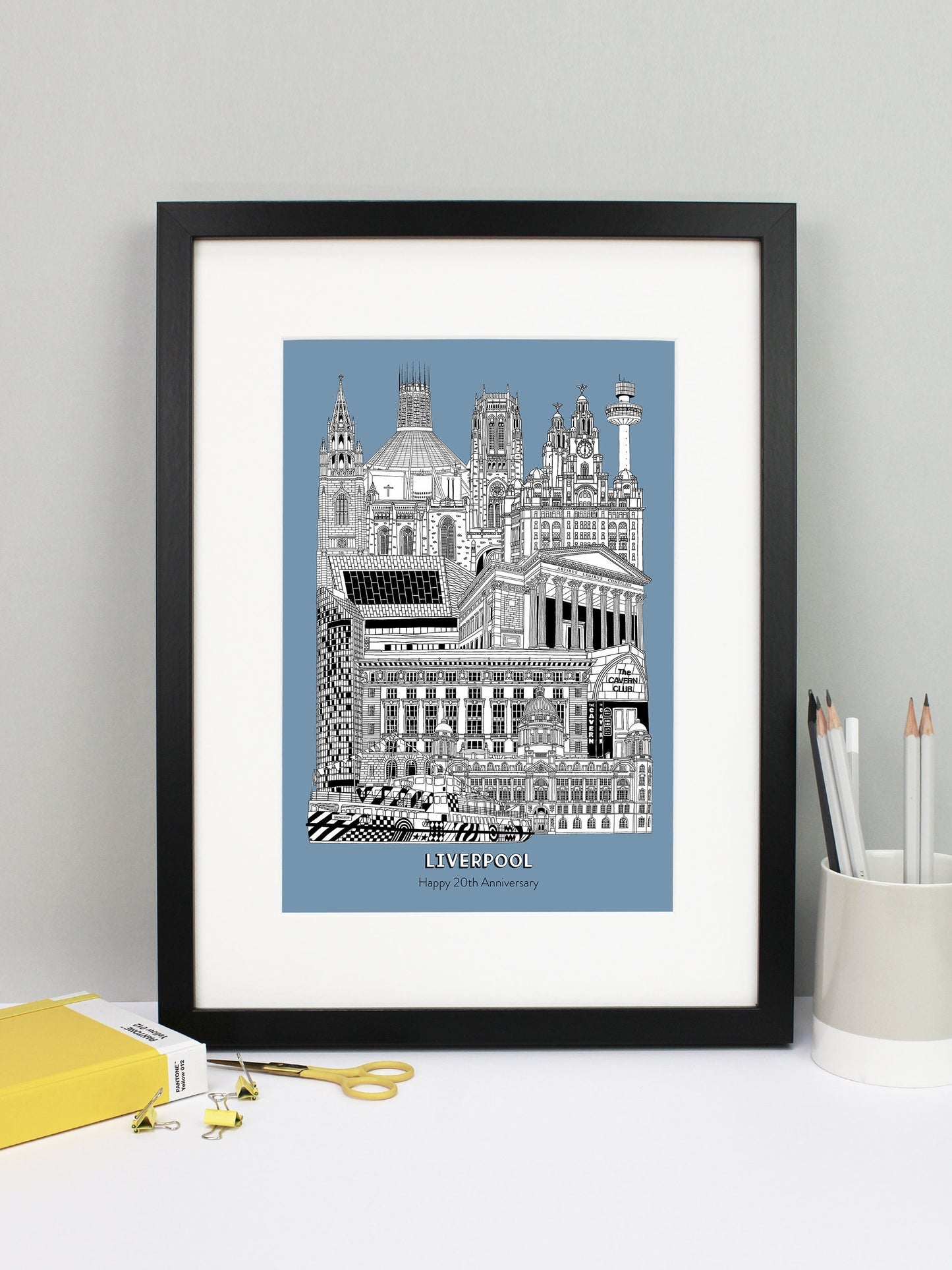 Beautifully detailed Liverpool Illustration print. The perfect gift for an engagement, wedding, birthday, anniversary and house warming. It features all the well known buildings and landmarks from the vibrant city. The buildings featured are: Port of Liverpool Building, the Cavern Club, Cunard Building, West Tower, Museum of Liverpool, St George's Hall, Liver Building, Radio City Tower, Liverpool Cathedral, Liverpool Metropolitan Cathedral, Liverpool Parish Church and the Razzle Dazzle Mersey Ferry.
