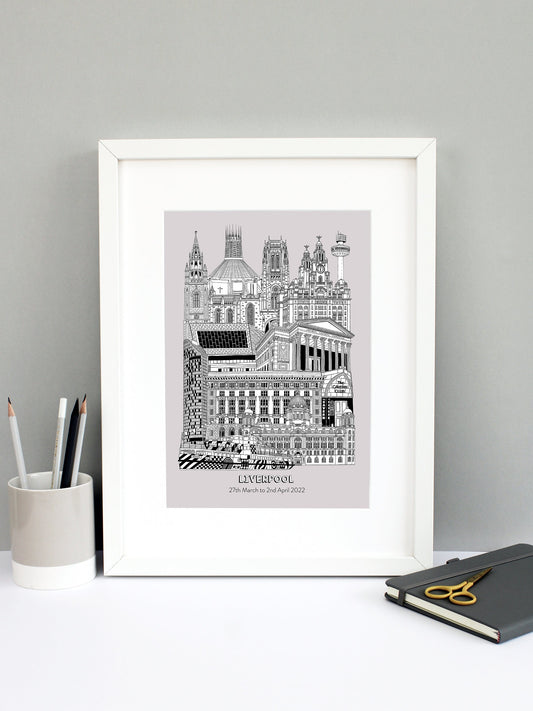 Beautifully detailed Liverpool Illustration print. The perfect gift for an engagement, wedding, birthday, anniversary and house warming. It features all the well known buildings and landmarks from the vibrant city. The buildings featured are: Port of Liverpool Building, the Cavern Club, Cunard Building, West Tower, Museum of Liverpool, St George's Hall, Liver Building, Radio City Tower, Liverpool Cathedral, Liverpool Metropolitan Cathedral, Liverpool Parish Church and the Razzle Dazzle Mersey Ferry.