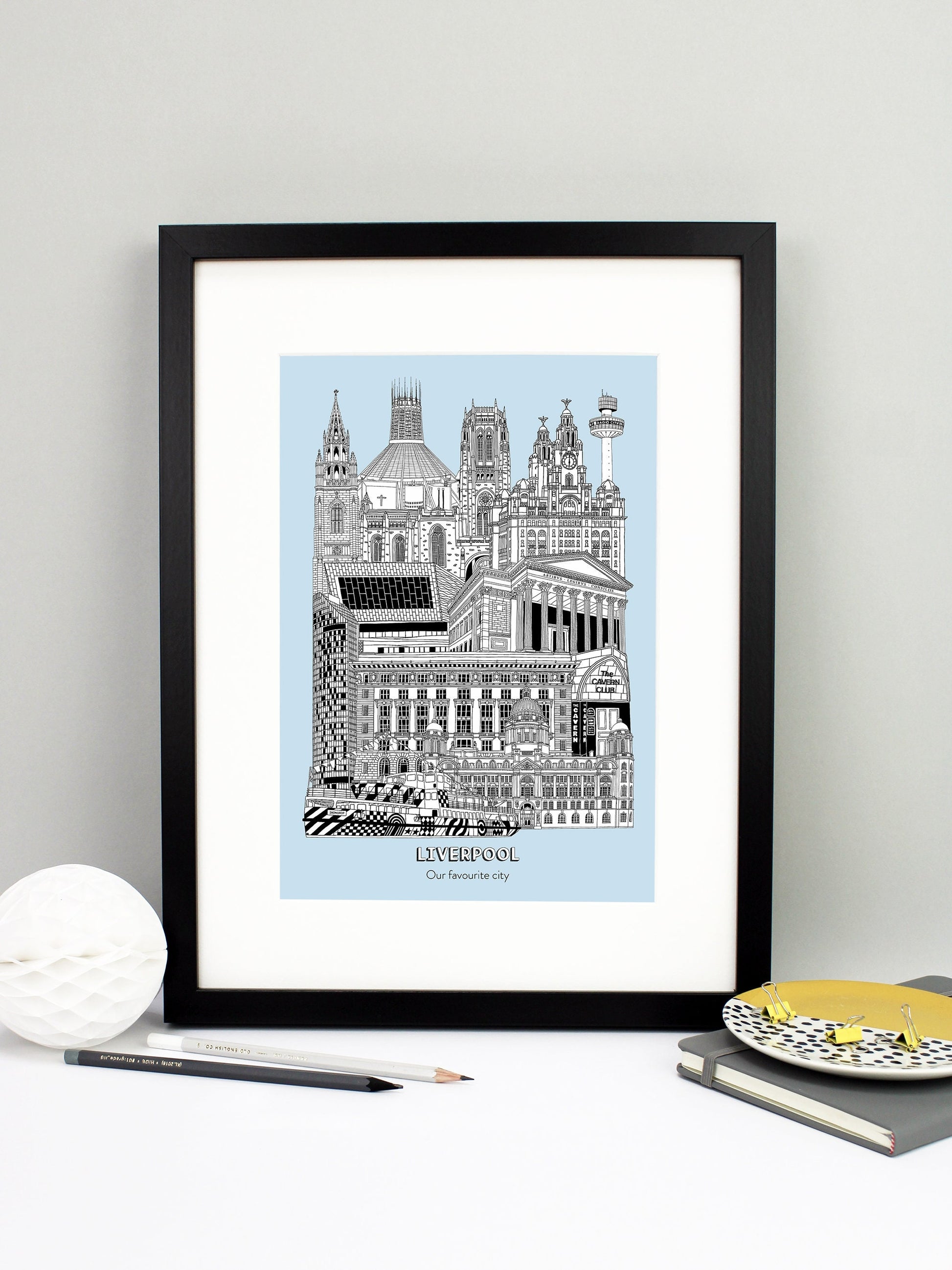 Beautifully detailed Liverpool Illustration print. The perfect gift for an engagement, wedding, birthday, anniversary and house warming. It features all the well known buildings and landmarks from the vibrant city. The buildings featured are: Port of Liverpool Building, the Cavern Club, Cunard Building, West Tower, Museum of Liverpool, St George's Hall, Liver Building, Radio City Tower, Liverpool Cathedral, Liverpool Metropolitan Cathedral, Liverpool Parish Church and the Razzle Dazzle Mersey Ferry.