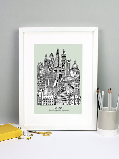 Beautifully detailed London illustration print. The perfect gift for an engagement, wedding, birthday, anniversary and house warming. It features all the well known buildings and landmarks from the vibrant UK city. The buildings and landmarks featured are: The Globe Theatre, City Hall, Tower of London, Battersea Power Station, Tower Bridge, The London Eye, St Paul's Cathedral, Strata Tower (aka The Razor), BT Tower, The Shard, 20 Fenchurch Street (aka The Walkie Talkie), The Gherkin, Big Ben, The Leadenhall