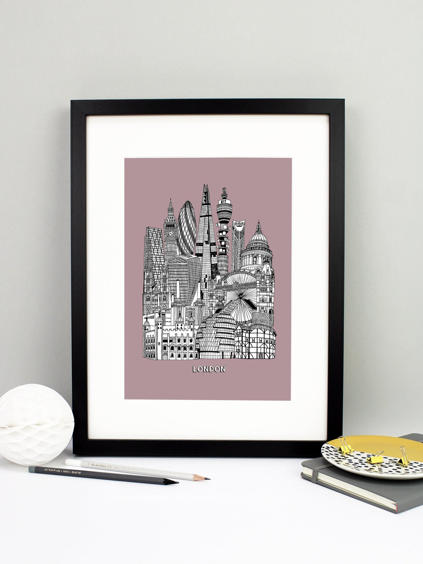 Beautifully detailed London illustration print. The perfect gift for an engagement, wedding, birthday, anniversary and house warming. It features all the well known buildings and landmarks from the vibrant UK city. The buildings and landmarks featured are: The Globe Theatre, City Hall, Tower of London, Battersea Power Station, Tower Bridge, The London Eye, St Paul's Cathedral, Strata Tower (aka The Razor), BT Tower, The Shard, 20 Fenchurch Street (aka The Walkie Talkie), The Gherkin, Big Ben, The Leadenhall