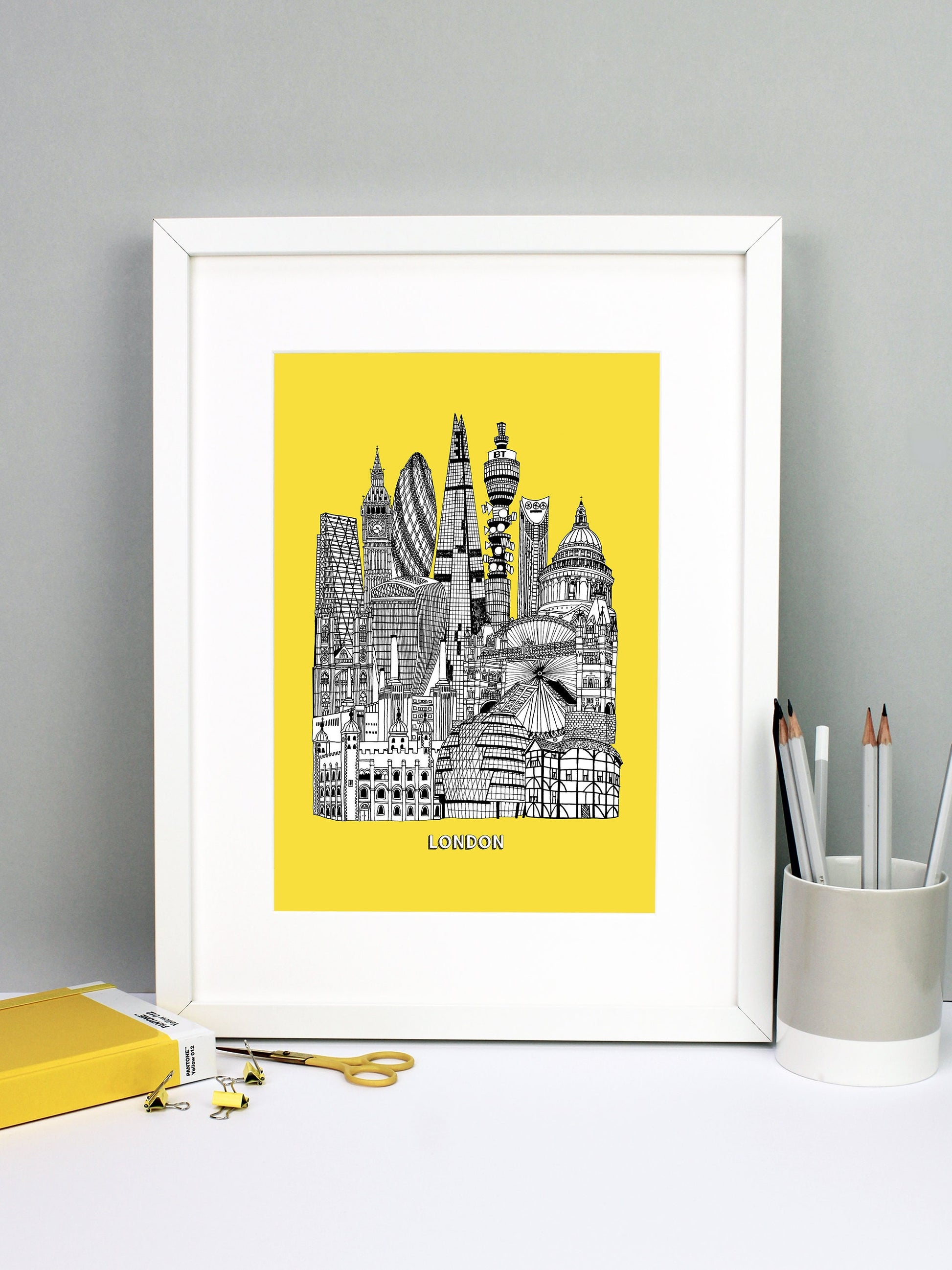 Beautifully detailed London illustration print. The perfect gift for an engagement, wedding, birthday, anniversary and house warming. It features all the well known buildings and landmarks from the vibrant UK city. The buildings and landmarks featured are: The Globe Theatre, City Hall, Tower of London, Battersea Power Station, Tower Bridge, The London Eye, St Paul's Cathedral, Strata Tower (aka The Razor), BT Tower, The Shard, 20 Fenchurch Street (aka The Walkie Talkie), The Gherkin, Big Ben, The Leadenhall