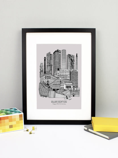Beautifully detailed Manchester Illustration print. The perfect gift for an engagement, wedding, birthday, anniversary and house warming. It features all the well known buildings and landmarks from the vibrant UK city. The buildings and landmarks featured are: The Lowry, Angel Row, The Printworks, The Principal Hotel, Boddingtons Chimney, Beetham Tower, CIS Tower, Tower of Light, Axis Tower, Macintosh Factory Chimney, Afflecks Palace, Arndale Centre, The Urbis, Manchester Central Library and Manchester Town